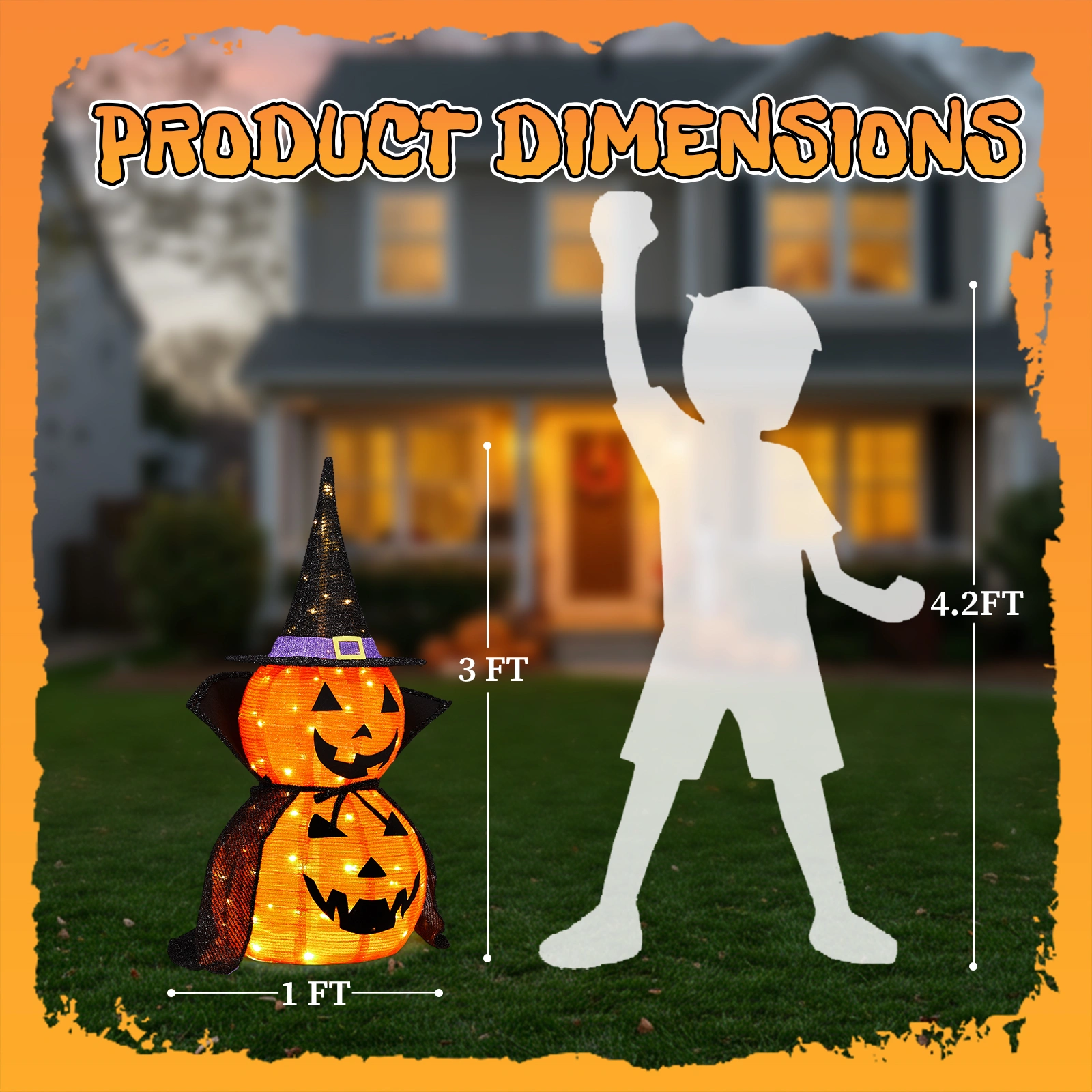 2 Pack 3FT Lighted Pumpkin Decorations, 176 LED Pop-Up Jack-O-Lantern with Cape & Metal Stand, Plug-In Halloween Collapsible Lamp for Indoor Outdoor Patio Yard Party Decor view 4