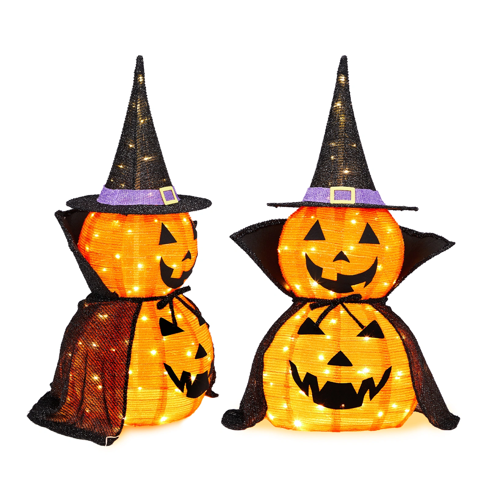 2 Pack 3FT Lighted Pumpkin Decorations, 176 LED Pop-Up Jack-O-Lantern with Cape & Metal Stand, Plug-In Halloween Collapsible Lamp for Indoor Outdoor Patio Yard Party Decor view 5