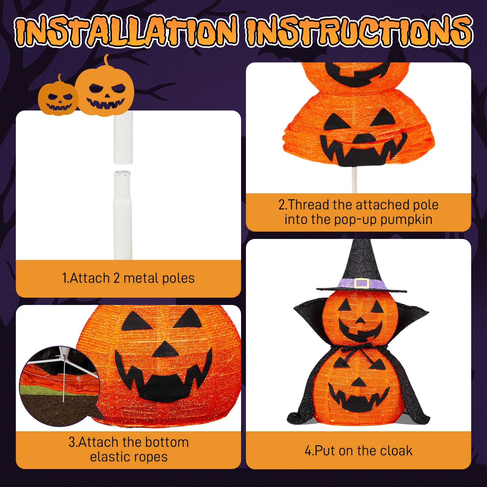 2 Pack 3FT Lighted Pumpkin Decorations, 176 LED Pop-Up Jack-O-Lantern with Cape & Metal Stand, Plug-In Halloween Collapsible Lamp for Indoor Outdoor Patio Yard Party Decor view 6