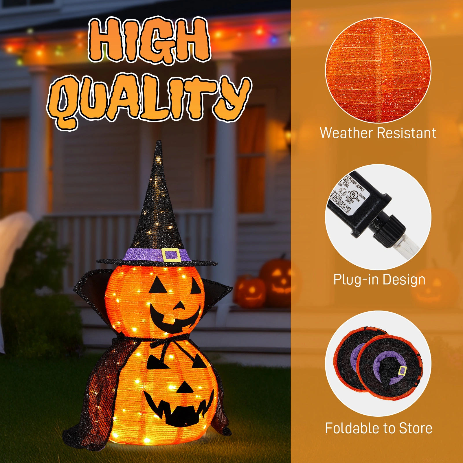 2 Pack 3FT Lighted Pumpkin Decorations, 176 LED Pop-Up Jack-O-Lantern with Cape & Metal Stand, Plug-In Halloween Collapsible Lamp for Indoor Outdoor Patio Yard Party Decor view 8
