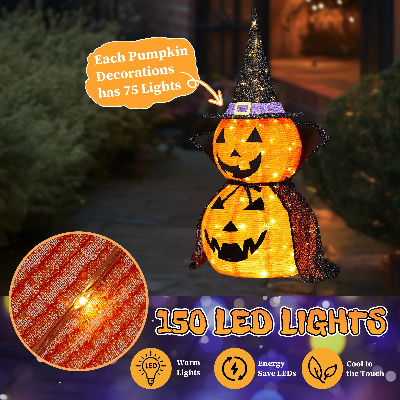 2 Pack 3FT Lighted Pumpkin Decorations, 176 LED Pop-Up Jack-O-Lantern with Cape & Metal Stand, Plug-In Halloween Collapsible Lamp for Indoor Outdoor Patio Yard Party Decor view 9