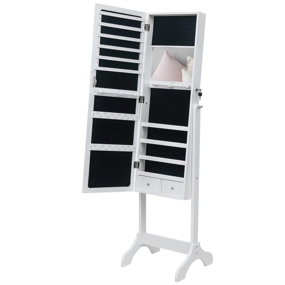 White Floor Standing Full Length Mirror, Wooden 4-Shelf Jewelry Cabinet with Inner Mirror, 2 Drawers, Adjustable Mirror Storage Organizer view 3
