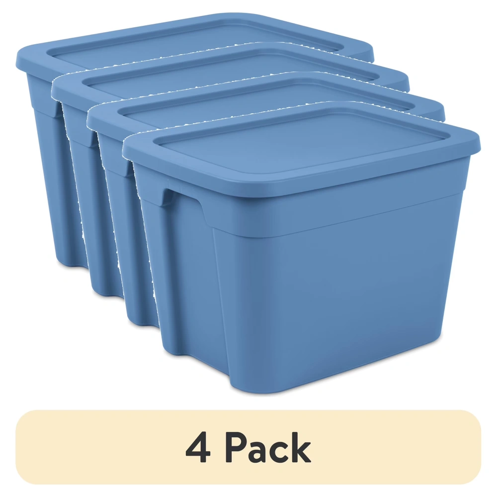 (4 pack) 18 Gallon Tote, Plastic Storage Bin with Snap-on Lid, Stackable, Blue