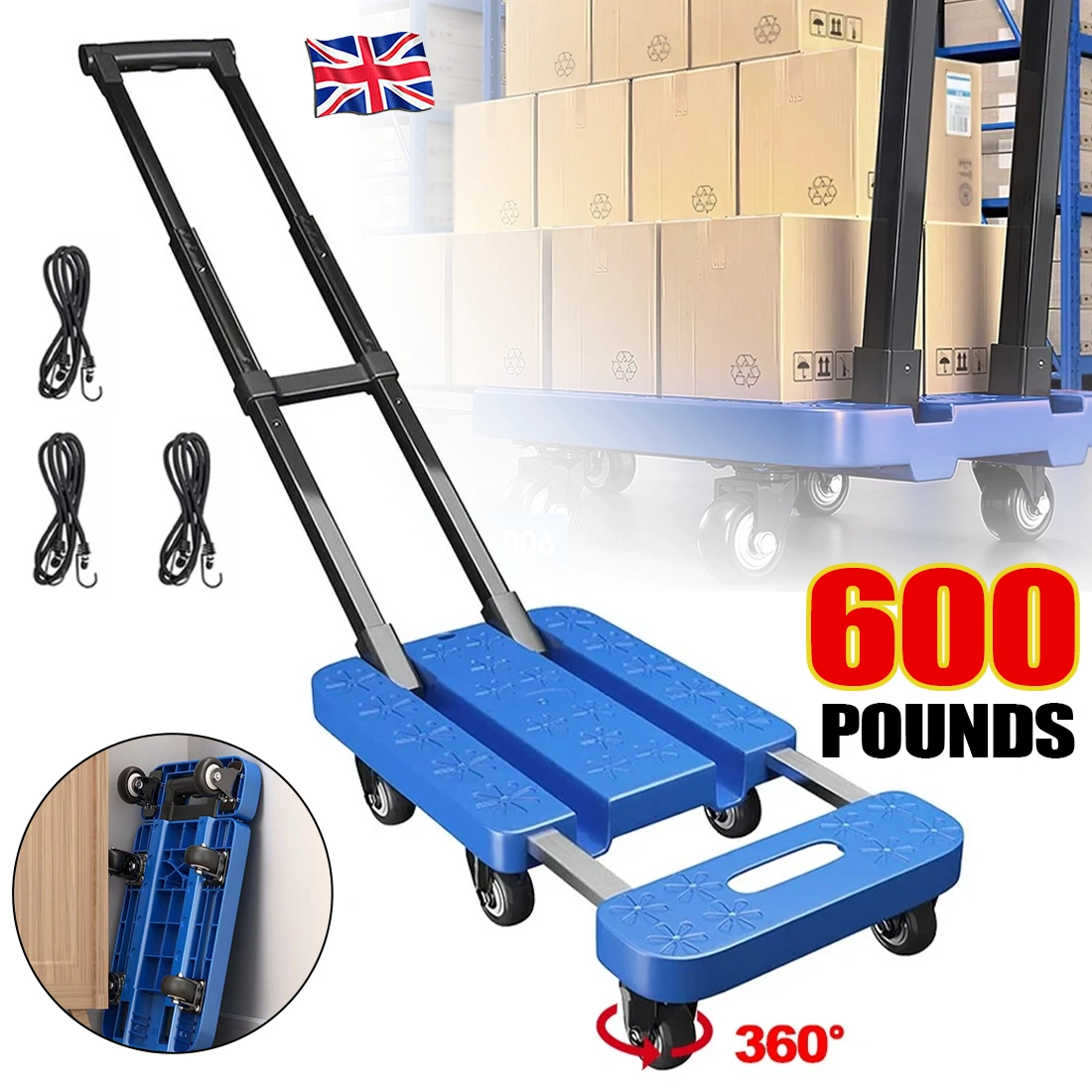 270KG Folding Hand Truck Dolly Trolley Cart - Heavy Duty Platform Luggage Moving Trolley with Wheels