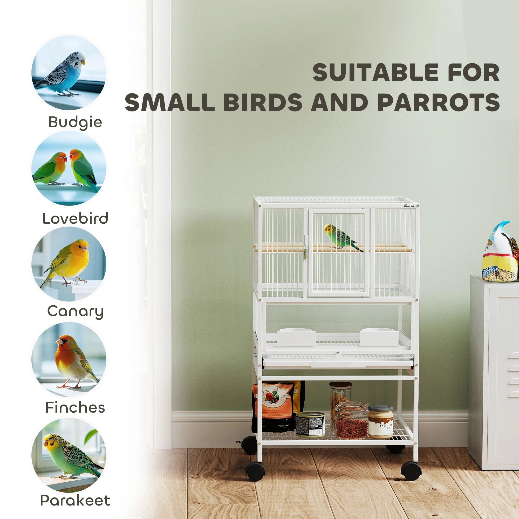 Bird Cage Starter Kit with Rolling Stand, Detachable Metal Avian Habitat, Complete Bird Accessories Set, Easy Assembly view 2