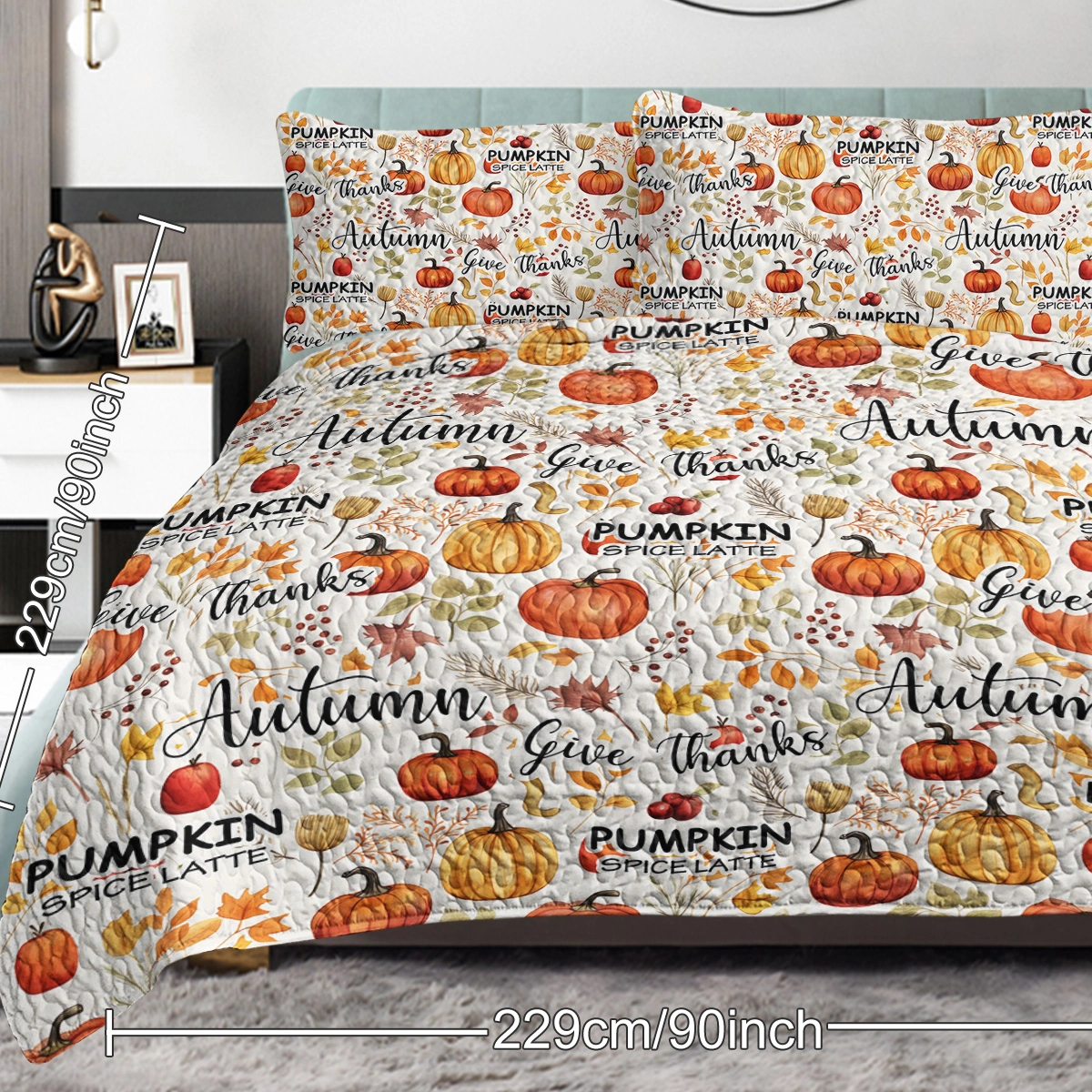 Pumpkin Autumn Leaves Quilt Set King Size - 3 Piece All Season Bedding with 2 Pillowcases, Thanksgiving Bedroom Decor for Kids Adults view 11