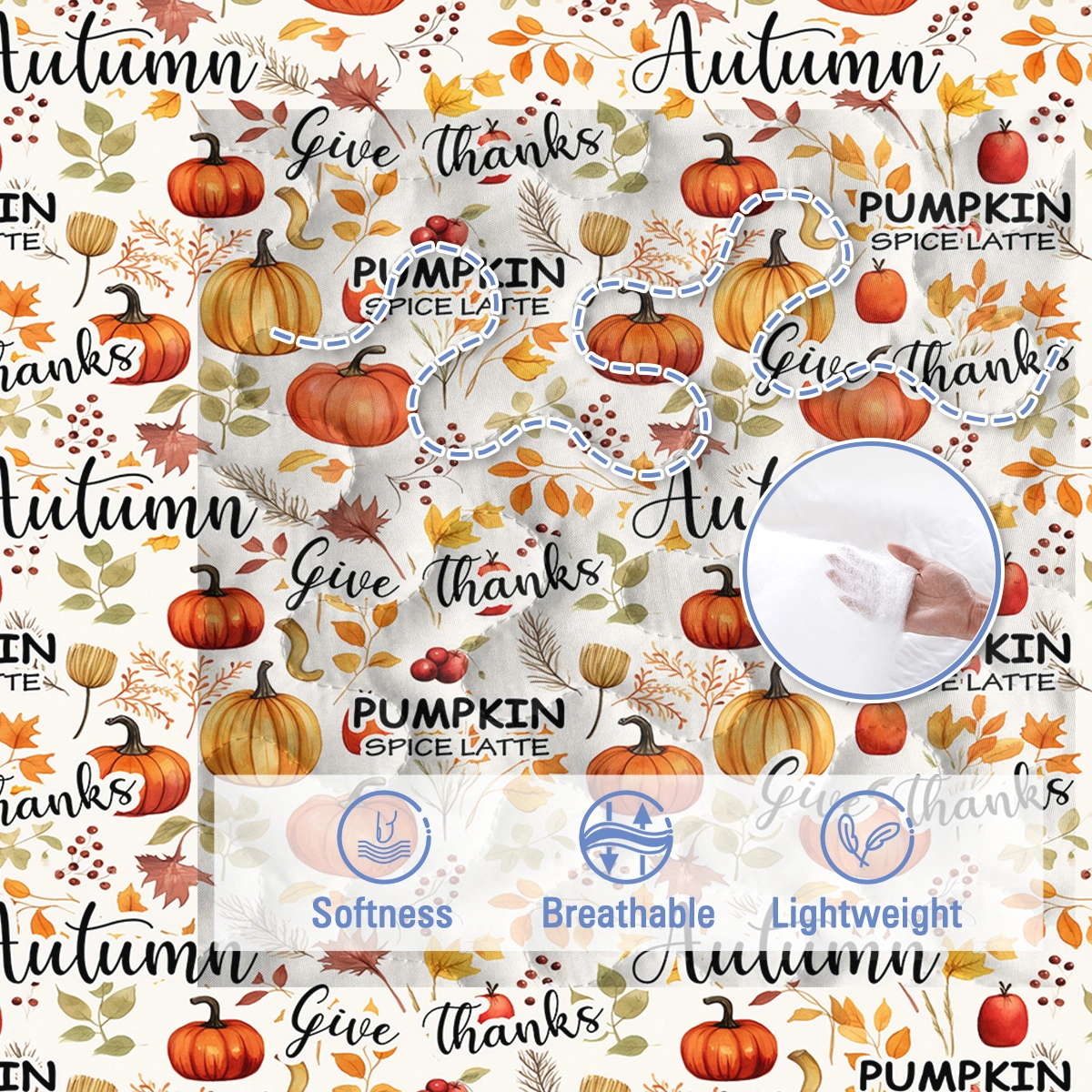 Pumpkin Autumn Leaves Quilt Set King Size - 3 Piece All Season Bedding with 2 Pillowcases, Thanksgiving Bedroom Decor for Kids Adults view 5