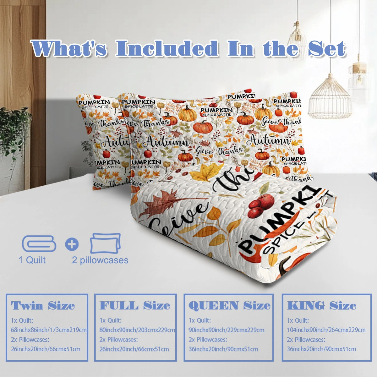 Pumpkin Autumn Leaves Quilt Set King Size - 3 Piece All Season Bedding with 2 Pillowcases, Thanksgiving Bedroom Decor for Kids Adults view 6