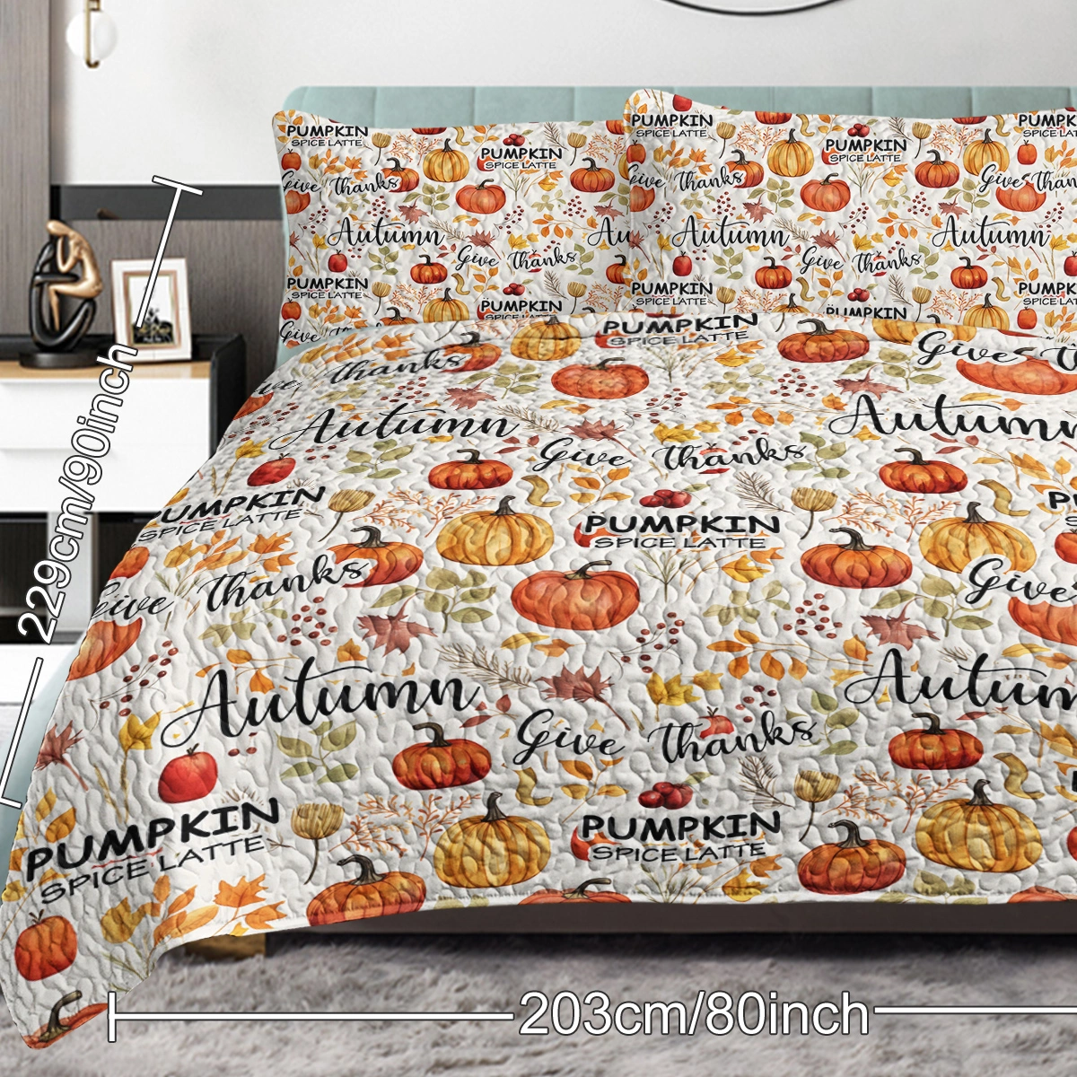 Pumpkin Autumn Leaves Quilt Set King Size - 3 Piece All Season Bedding with 2 Pillowcases, Thanksgiving Bedroom Decor for Kids Adults view 9