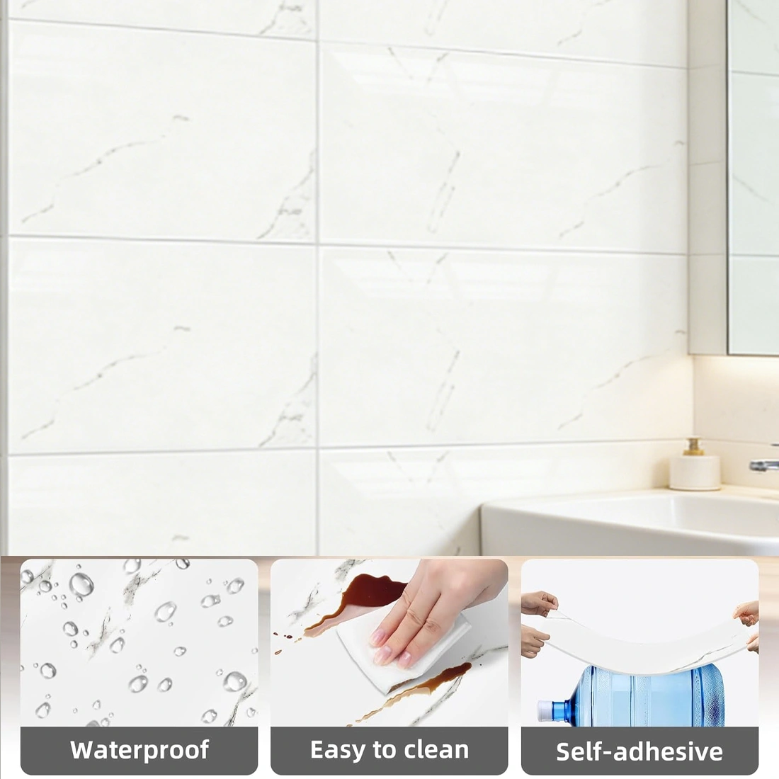 20PCS Marble Peel and Stick Wall Decals for Kitchen & Bathroom, Pearl White Self-Adhesive Vinyl Tiles view 5