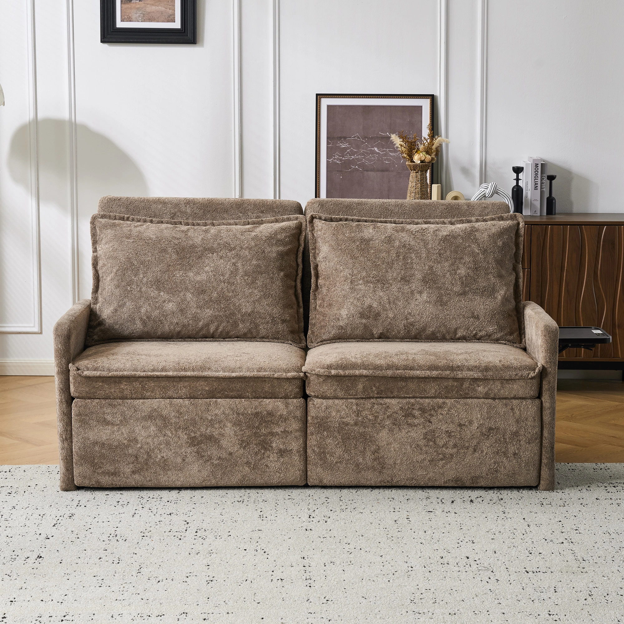 Sofa with Sleep Function Sleep Sofa with Cushions and USB, 3-in-1 Sofa&Couch with 5-Stage Adjustable Backrest, Foldable Sofa Bed with Storage, Chenille, Brown view 2