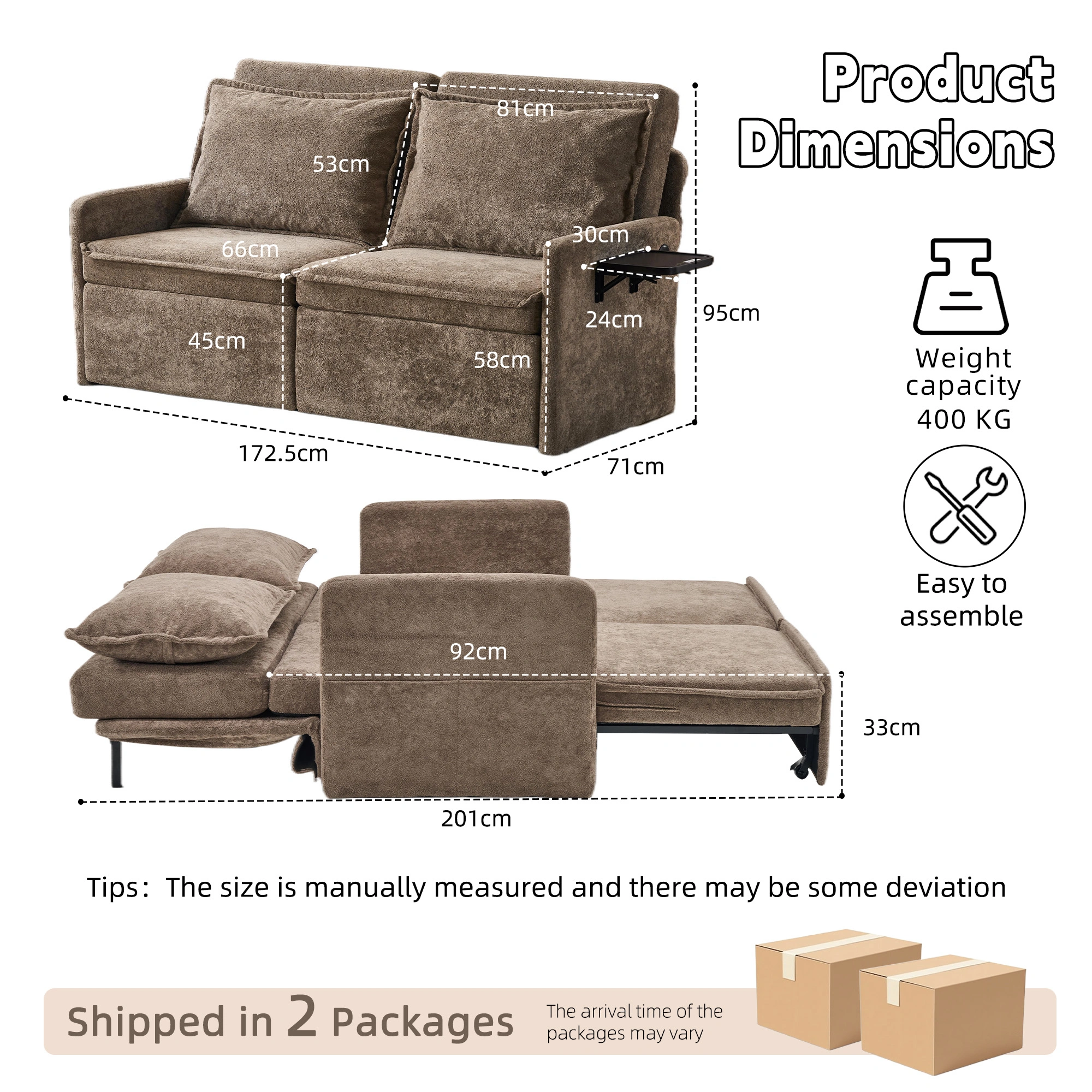 Sofa with Sleep Function Sleep Sofa with Cushions and USB, 3-in-1 Sofa&Couch with 5-Stage Adjustable Backrest, Foldable Sofa Bed with Storage, Chenille, Brown view 3