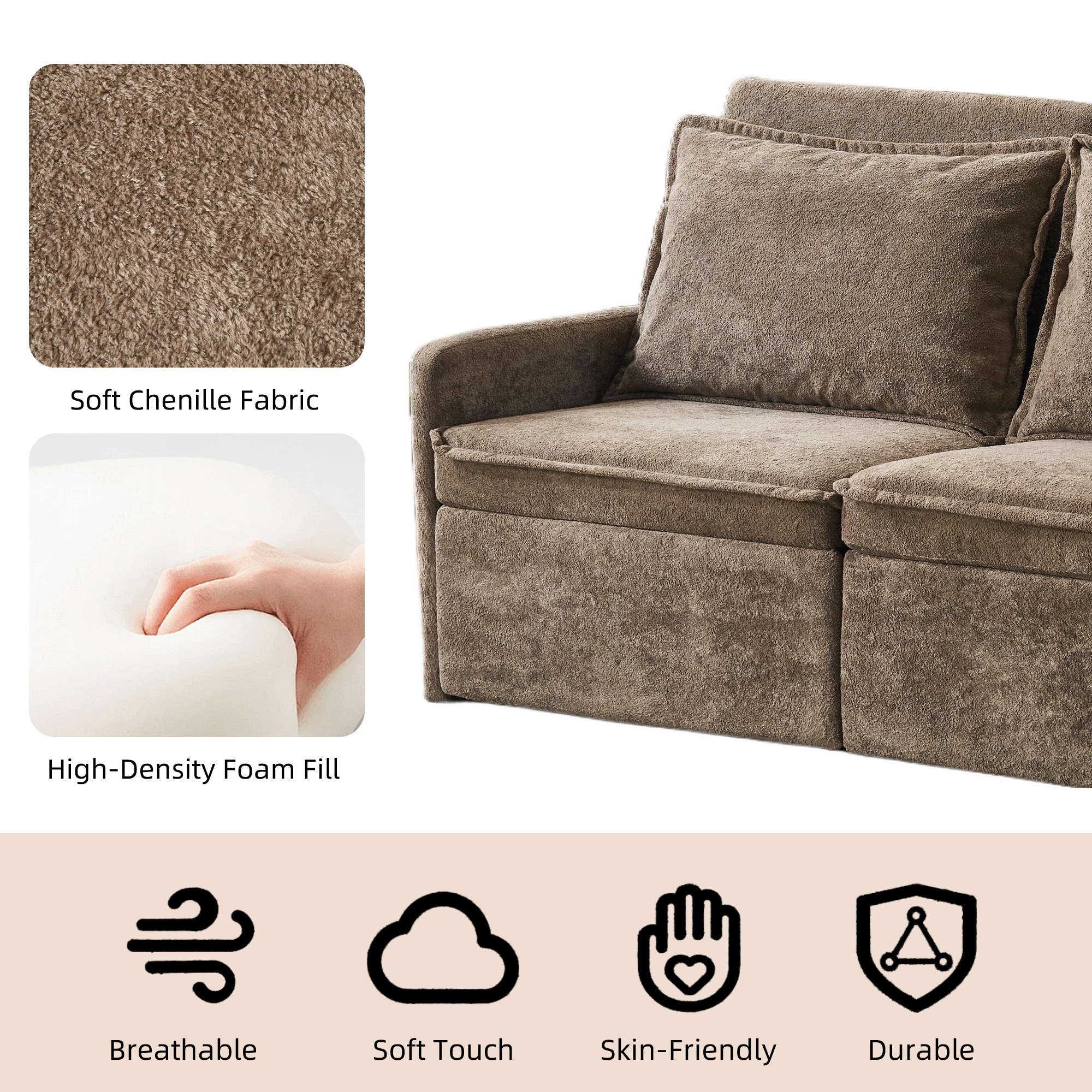 Sofa with Sleep Function Sleep Sofa with Cushions and USB, 3-in-1 Sofa&Couch with 5-Stage Adjustable Backrest, Foldable Sofa Bed with Storage, Chenille, Brown view 4