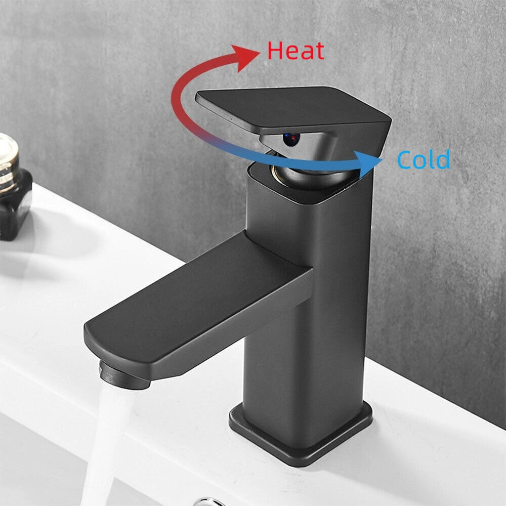 Black Square Waterfall Basin Mixer Tap, Large Mono Sink Tap with Waste for Bathroom Cloakroom UK view 2