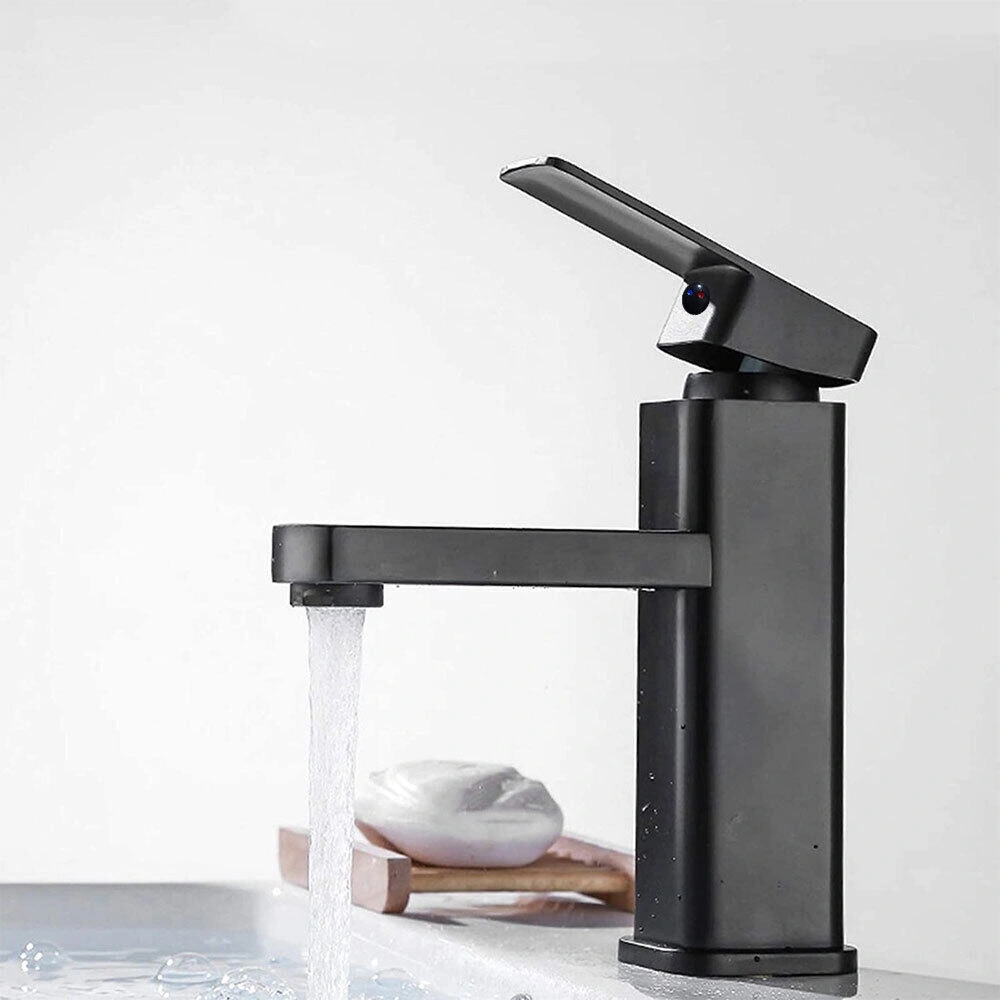 Black Square Waterfall Basin Mixer Tap, Large Mono Sink Tap with Waste for Bathroom Cloakroom UK view 4