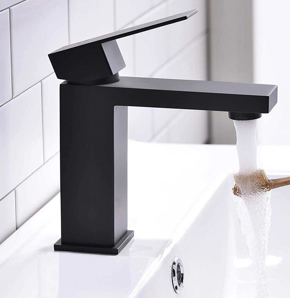 Black Square Waterfall Basin Mixer Tap, Large Mono Sink Tap with Waste for Bathroom Cloakroom UK view 5