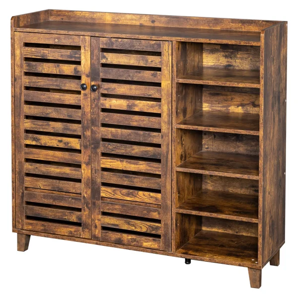 Shoe cabinet with 2 doors, 5 open compartments, and a tabletop with a back panel; made of MDF; 116*35.5*107cm; weathered wood color view 2