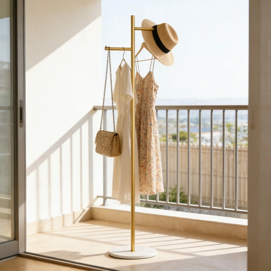 Heavy Duty Gold Metal Clothes Rack with Marble Base | Freestanding Garment Hanger for Bedroom, Jacket, Scarf, Hat view 4