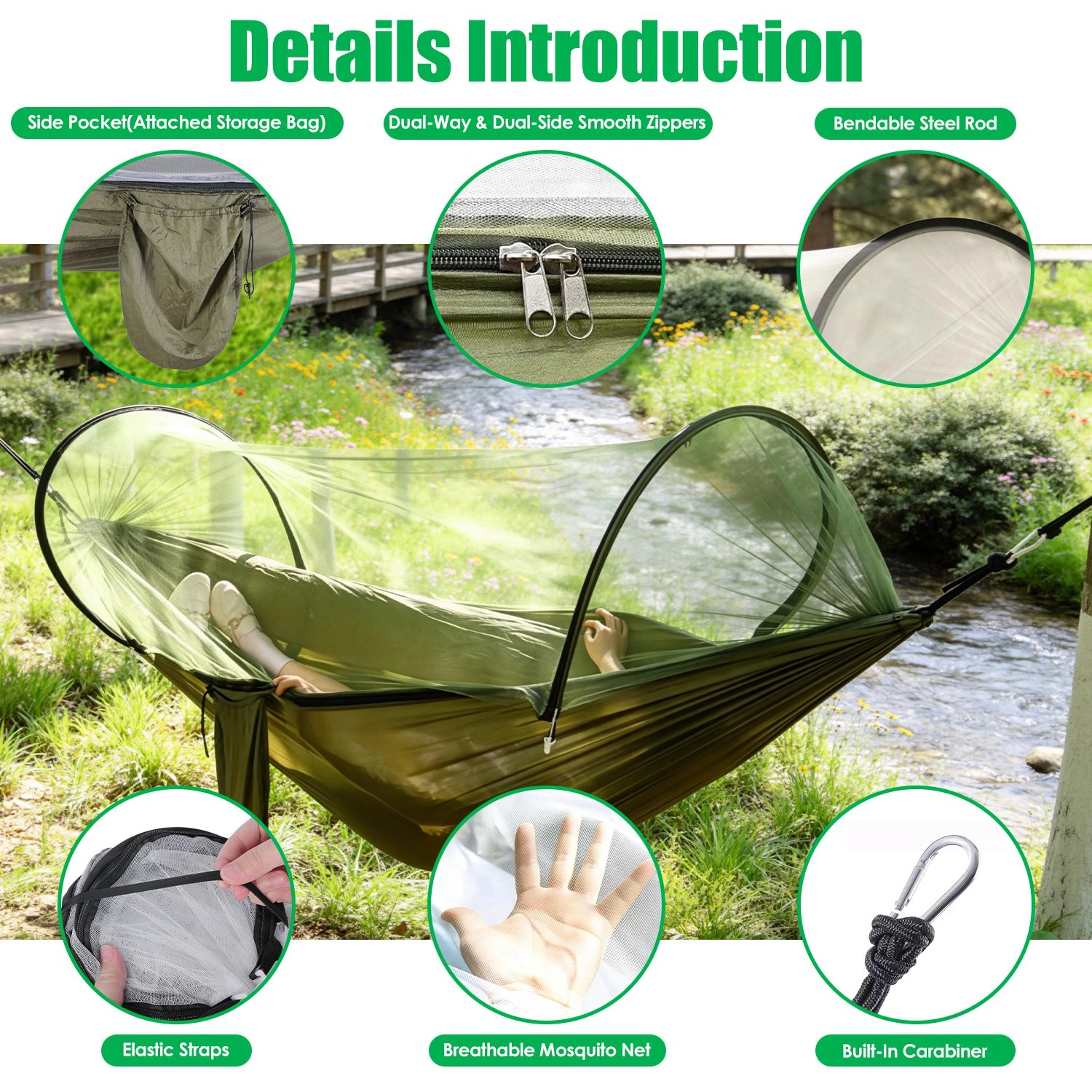 3-in-1 Camping Hammock with Automatic Pop-Up Mosquito Net, Lightweight 70D Nylon Portable Hammock Supports 440lbs, Dual Zipper Outdoor Hammock for Camping Hiking Backpacking Beach Backyard view 2