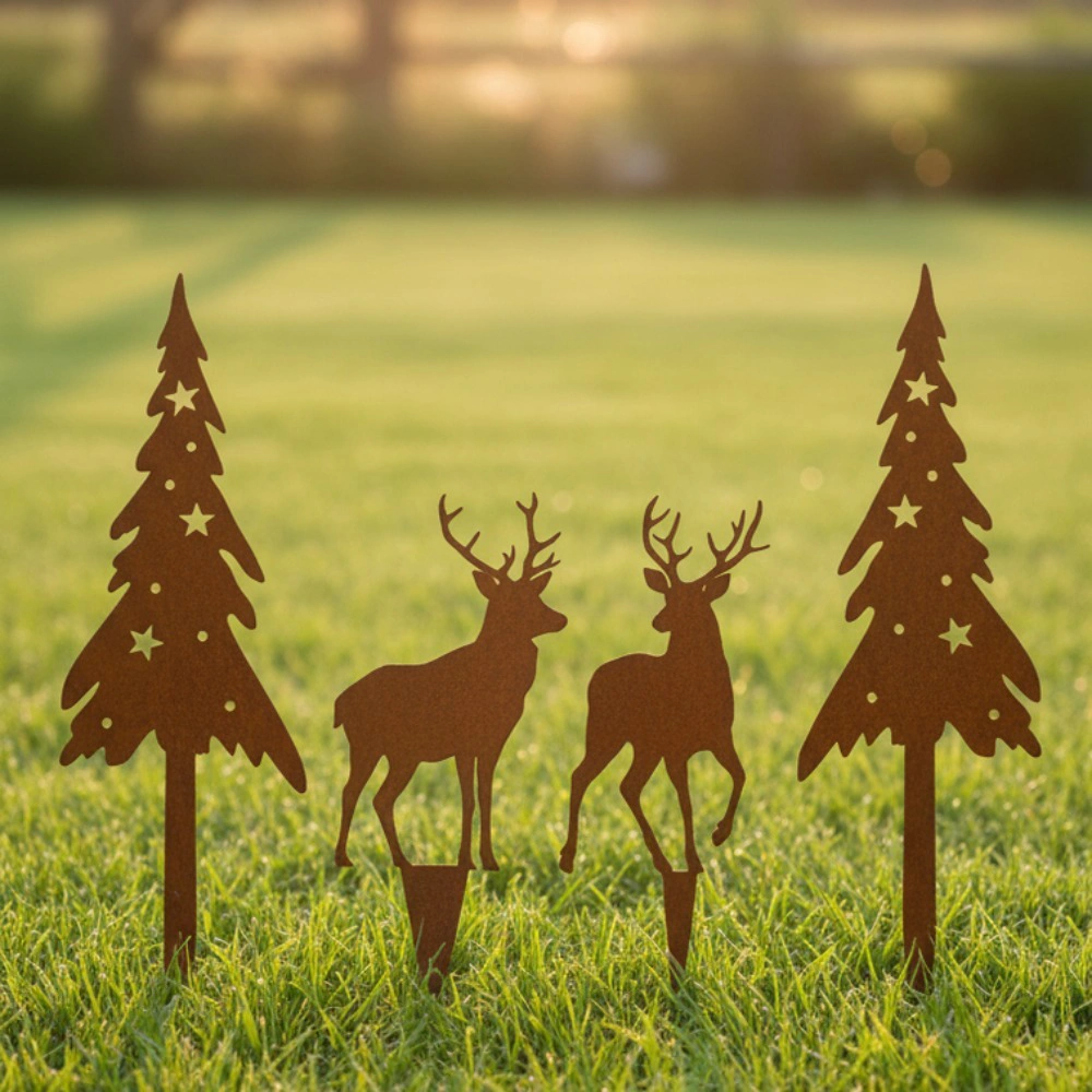 4-Pack Antique Bronze Deer Garden Statues with Trees, Rustic Metal Outdoor Sculptures for Patio Lawn Yard, Vintage Farmhouse Home Decor Gift