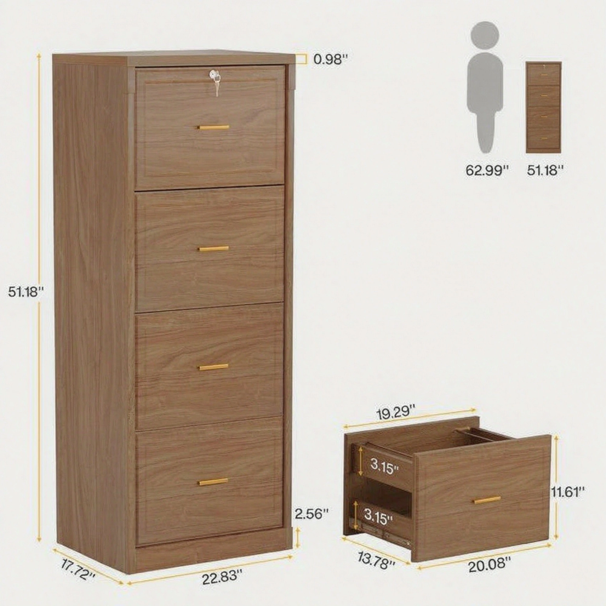 51 Inch Vertical File Cabinet with 4 Storage Drawers, Office Filing Cabinet view 3