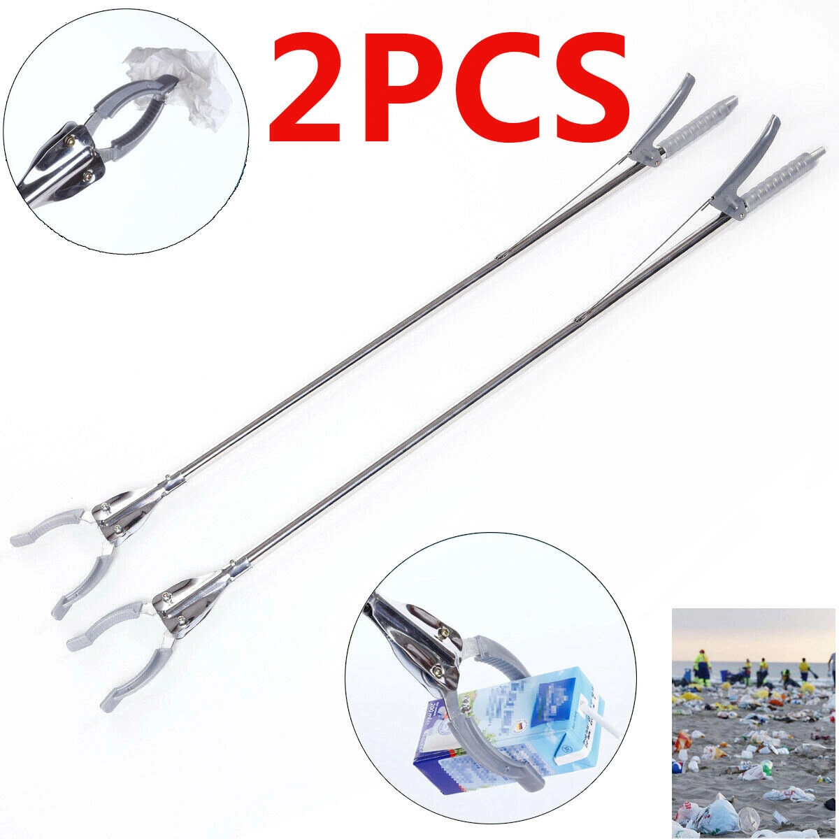 2x Extendable Metal Garbage Grabber Grabbing Tool, Long Reach Trash Picker, 37" Robust Waste Gripper