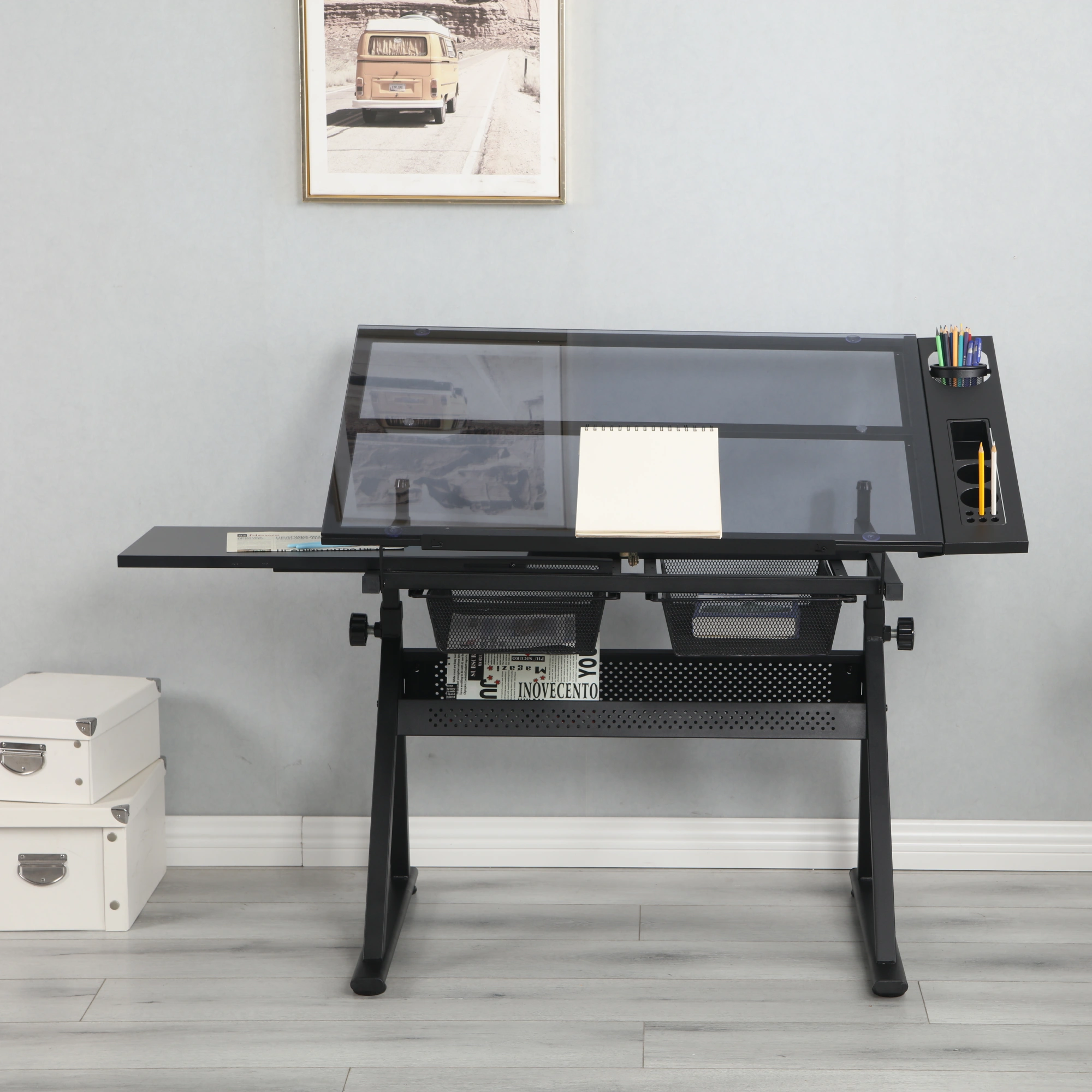 Adjustable Tempered Glass Drafting Table with Chair, Black Printing Desk, Angle-Tilt Work Table for Art & Design view 9