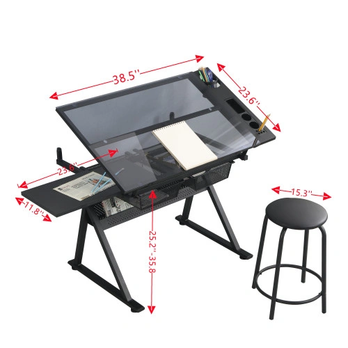 Adjustable Tempered Glass Drafting Table with Chair, Black Printing Desk, Angle-Tilt Work Table for Art & Design view 13