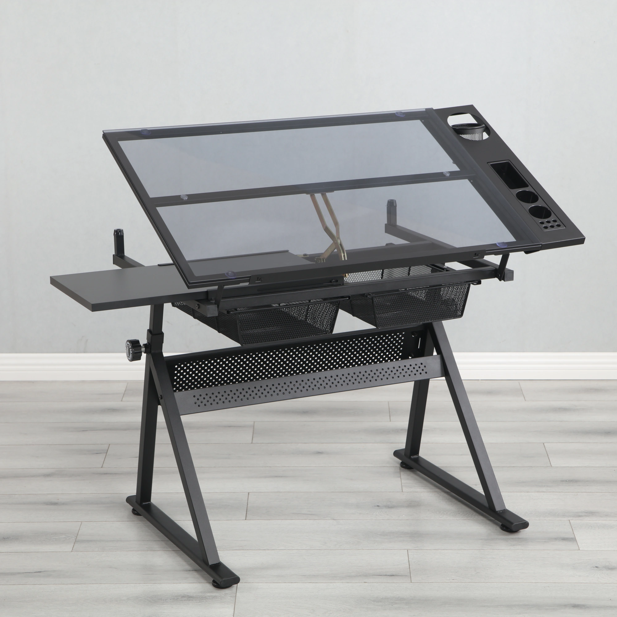 Adjustable Tempered Glass Drafting Table with Chair, Black Printing Desk, Angle-Tilt Work Table for Art & Design view 2