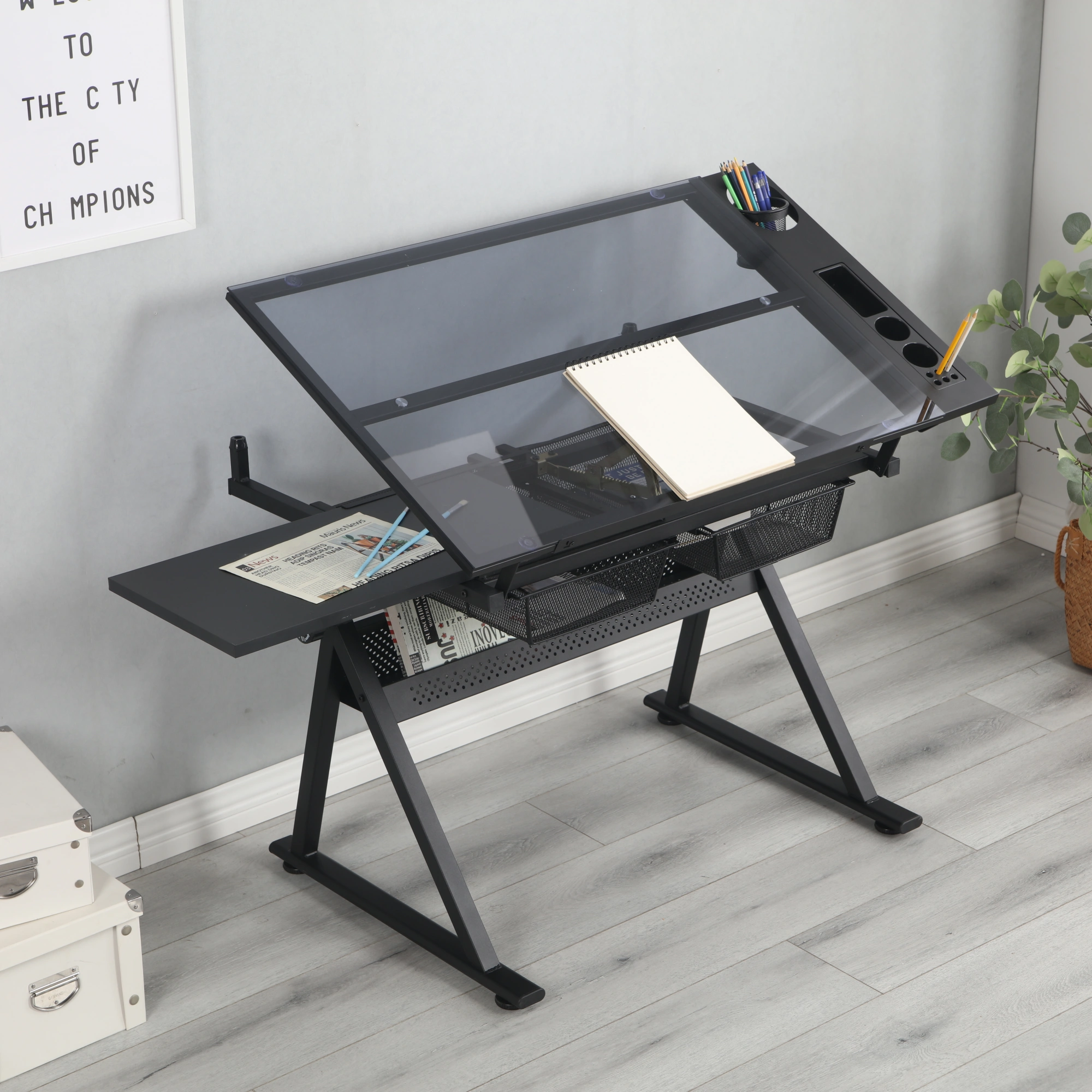 Adjustable Tempered Glass Drafting Table with Chair, Black Printing Desk, Angle-Tilt Work Table for Art & Design view 5