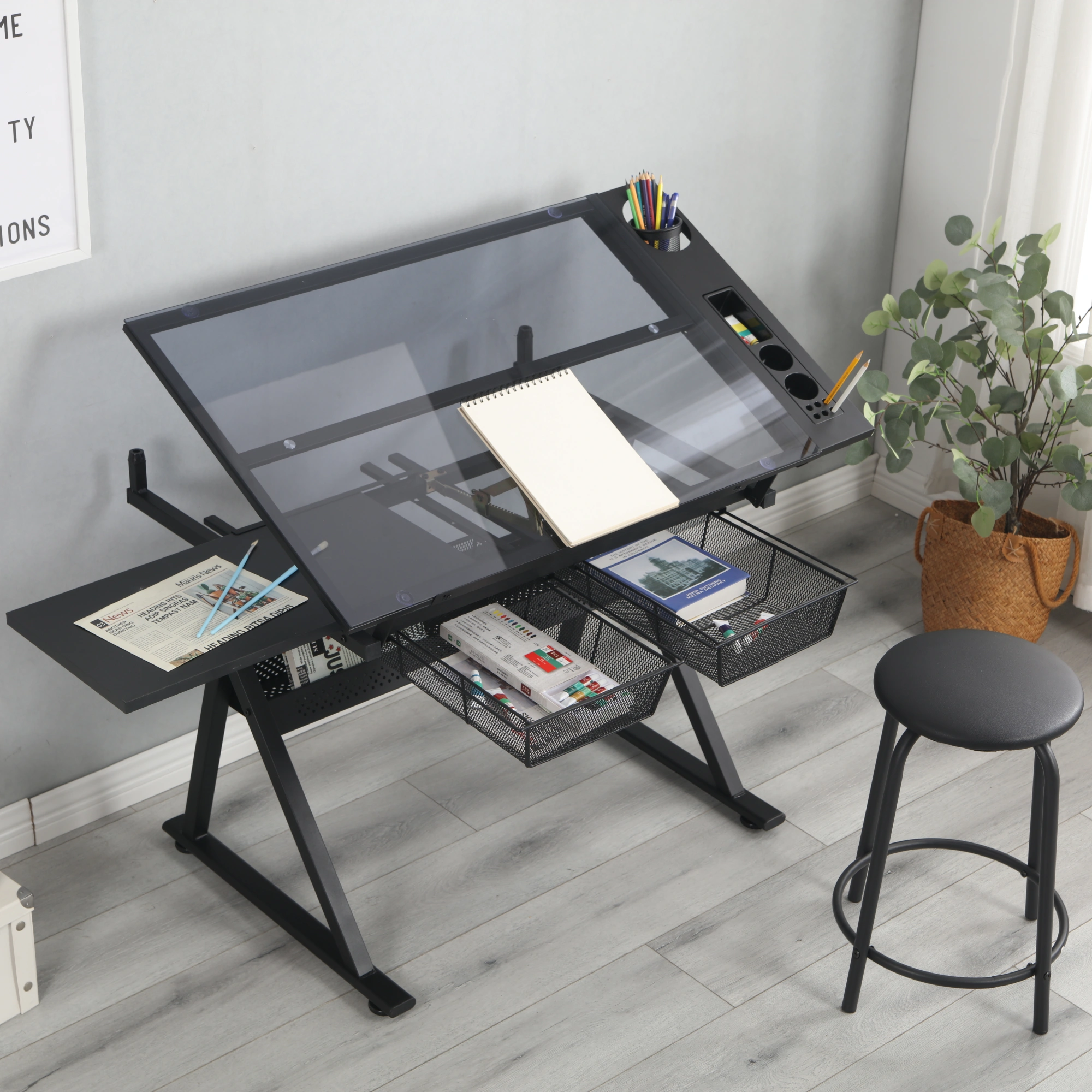 Adjustable Tempered Glass Drafting Table with Chair, Black Printing Desk, Angle-Tilt Work Table for Art & Design view 7