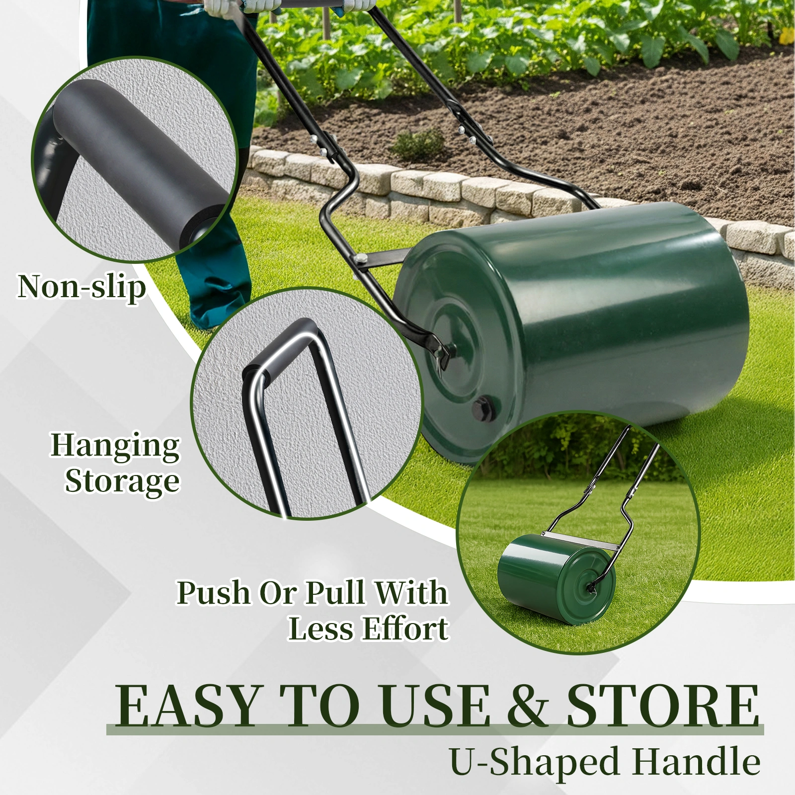 16in Heavy Duty Steel Lawn Roller, Garden Roller Can Be Filled with Water or Sand, Hand Roller with U-shaped Handle, Green & Black view 15