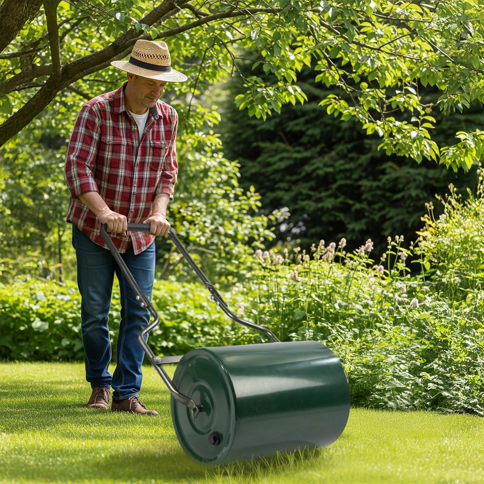 16in Heavy Duty Steel Lawn Roller, Garden Roller Can Be Filled with Water or Sand, Hand Roller with U-shaped Handle, Green & Black view 7