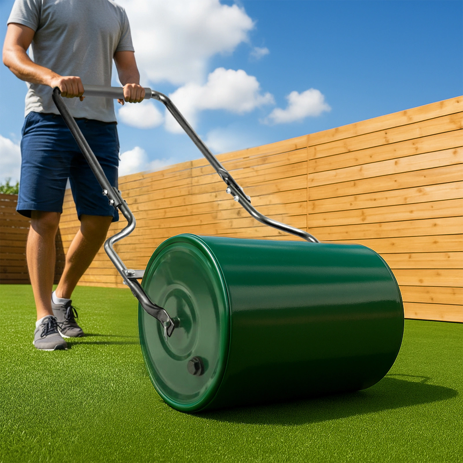 16in Heavy Duty Steel Lawn Roller, Garden Roller Can Be Filled with Water or Sand, Hand Roller with U-shaped Handle, Green & Black view 9