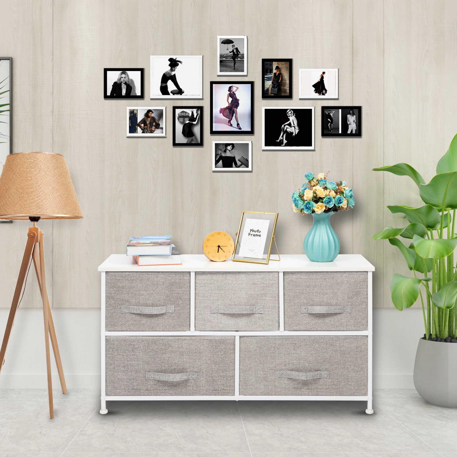 3-Tier Non-Woven Fabric Storage Cabinet, 5 Drawers (3 Small + 2 Large) with Cloth Handles, Iron Frame & Wooden Board, 104x30x48cm, White Panel with Light Gray Drawers