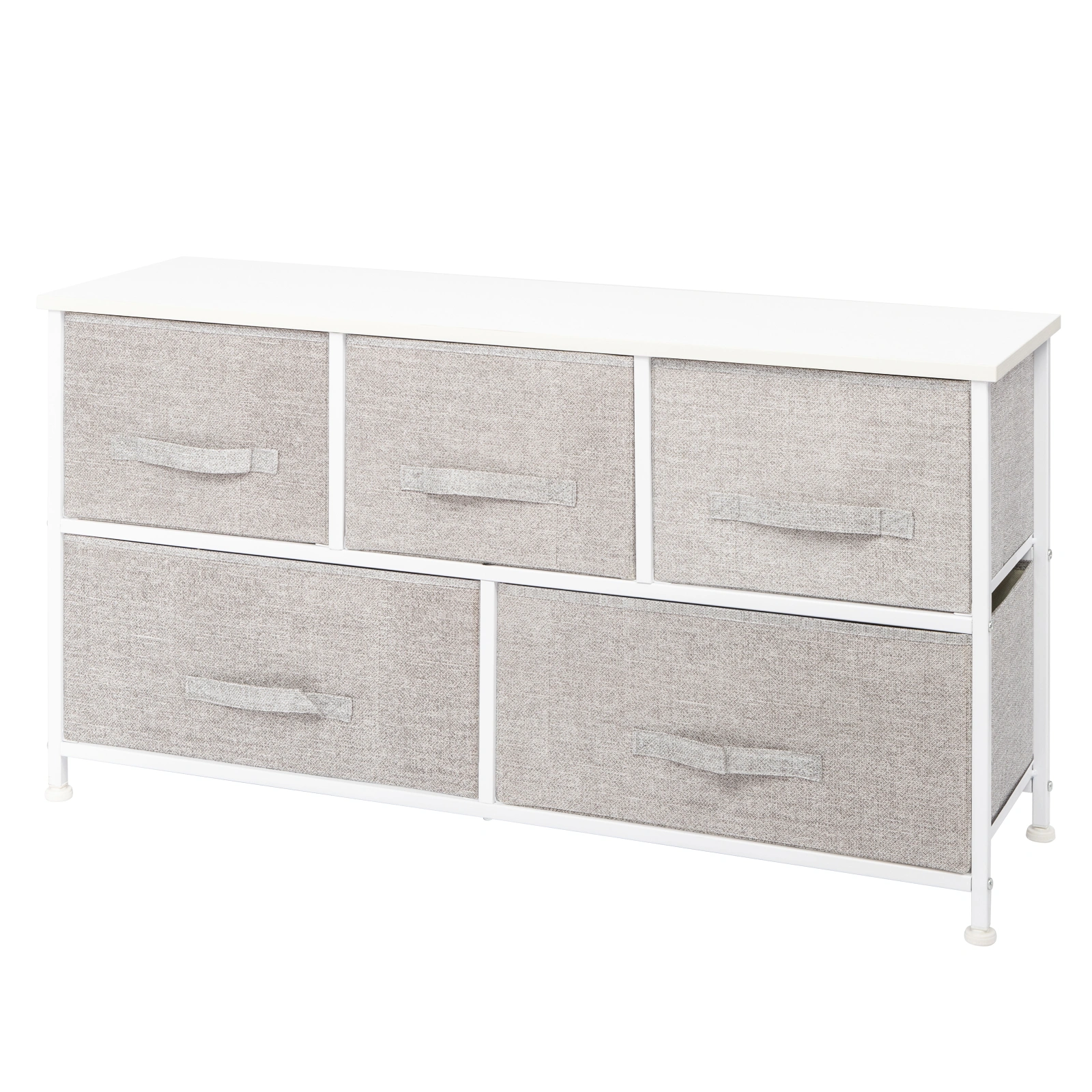 3-Tier Non-Woven Fabric Storage Cabinet, 5 Drawers (3 Small + 2 Large) with Cloth Handles, Iron Frame & Wooden Board, 104x30x48cm, White Panel with Light Gray Drawers view 3