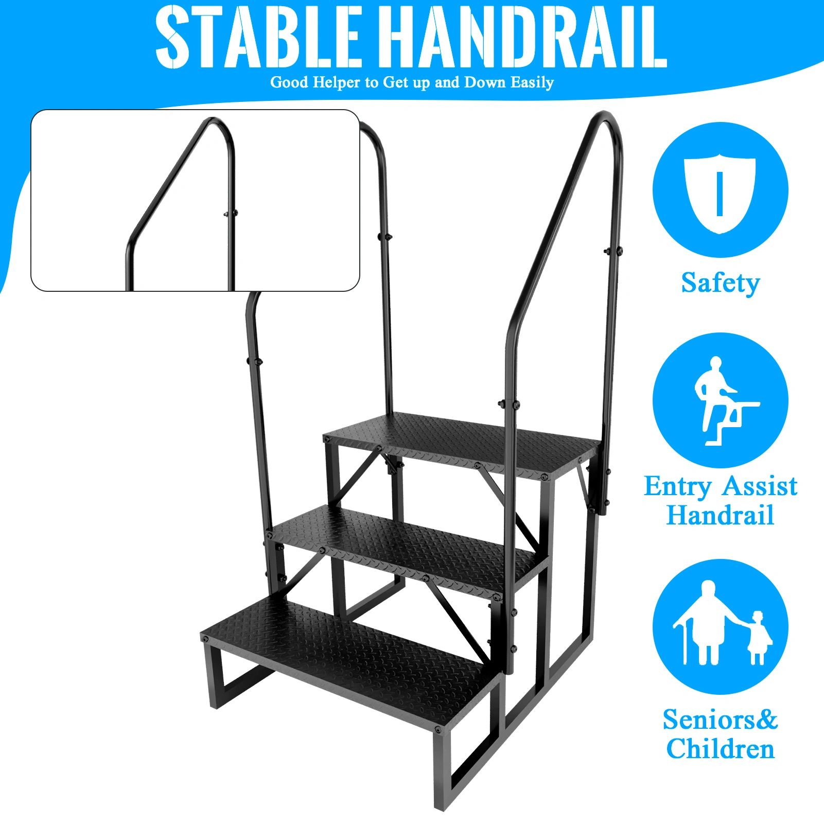 3-Step RV Ladder with Handrails, Heavy Duty Anti-Slip RV Steps, Removable Camper Stairs for Hot Tub/Spa/Porch/Pet/Mobile Home view 3
