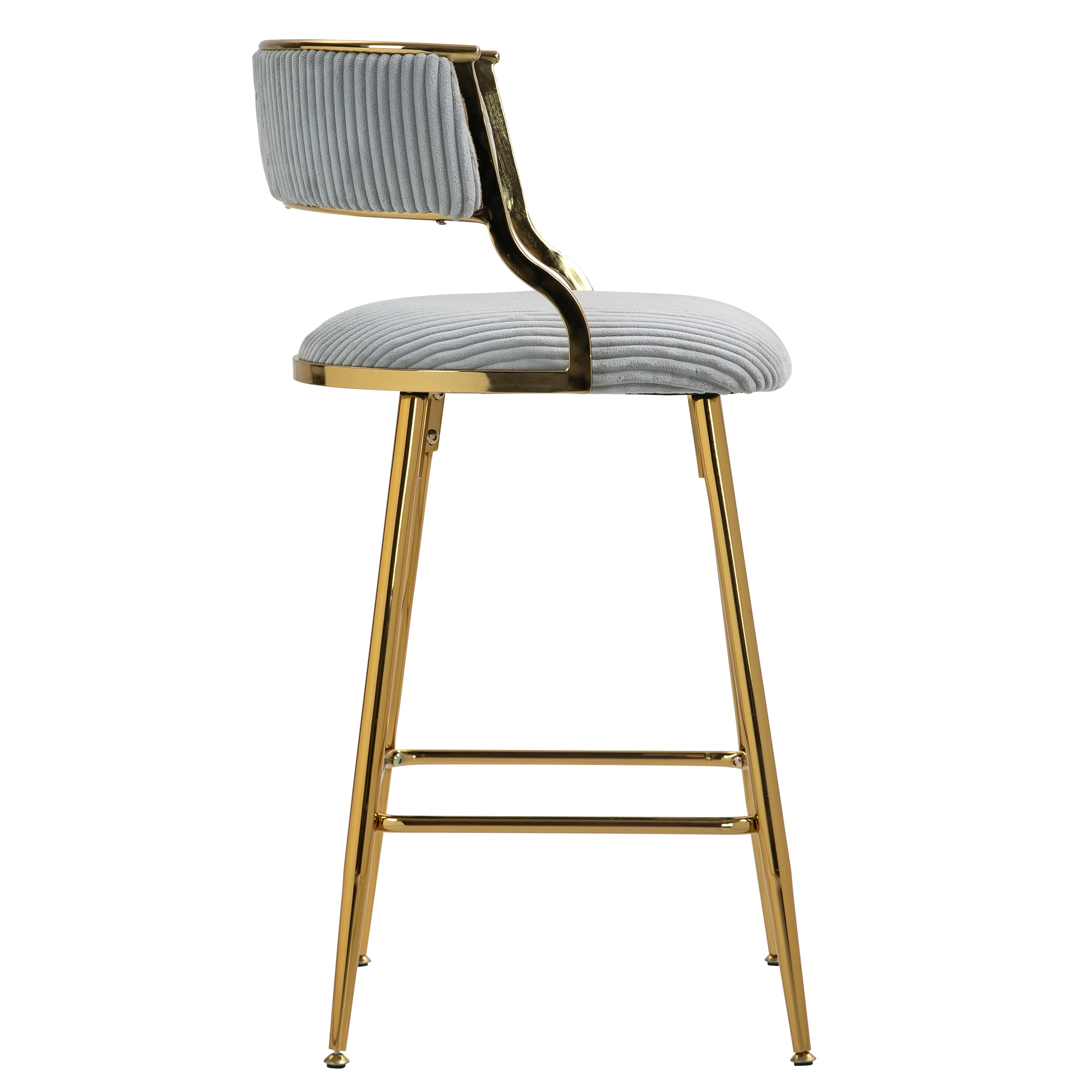 Set of 2 Counter Height Bar Stools 26" Corduroy Kitchen Island Stool with Back, Gold Chrome Base & Footrest - Grey view 3