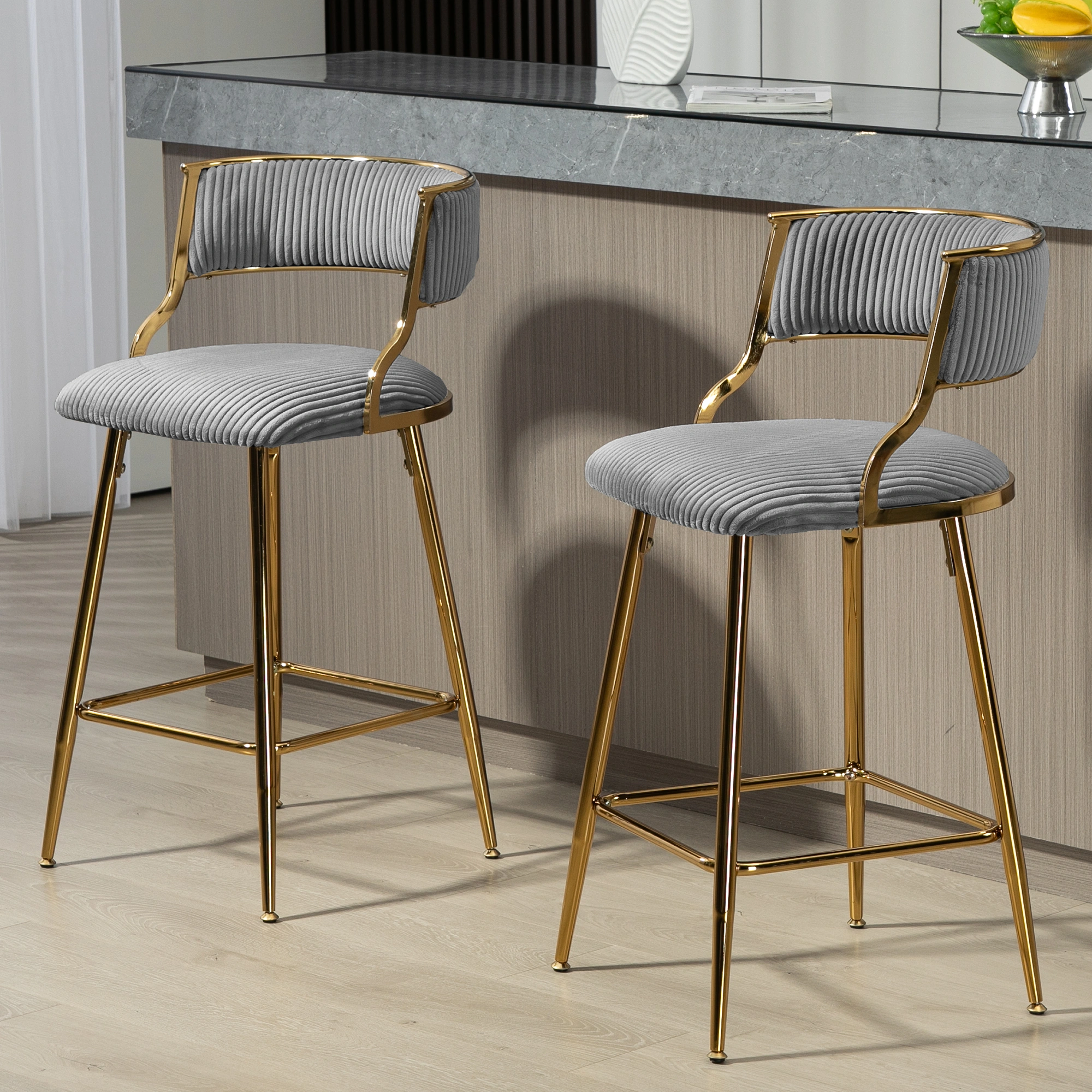 Set of 2 Counter Height Bar Stools 26" Corduroy Kitchen Island Stool with Back, Gold Chrome Base & Footrest - Grey view 6