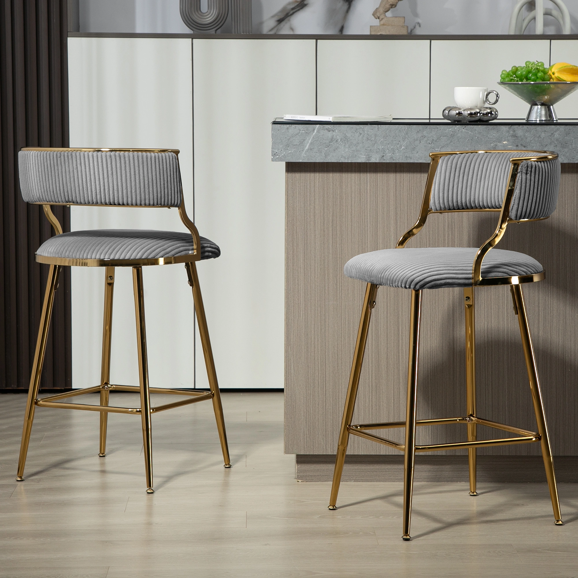 Set of 2 Counter Height Bar Stools 26" Corduroy Kitchen Island Stool with Back, Gold Chrome Base & Footrest - Grey view 7