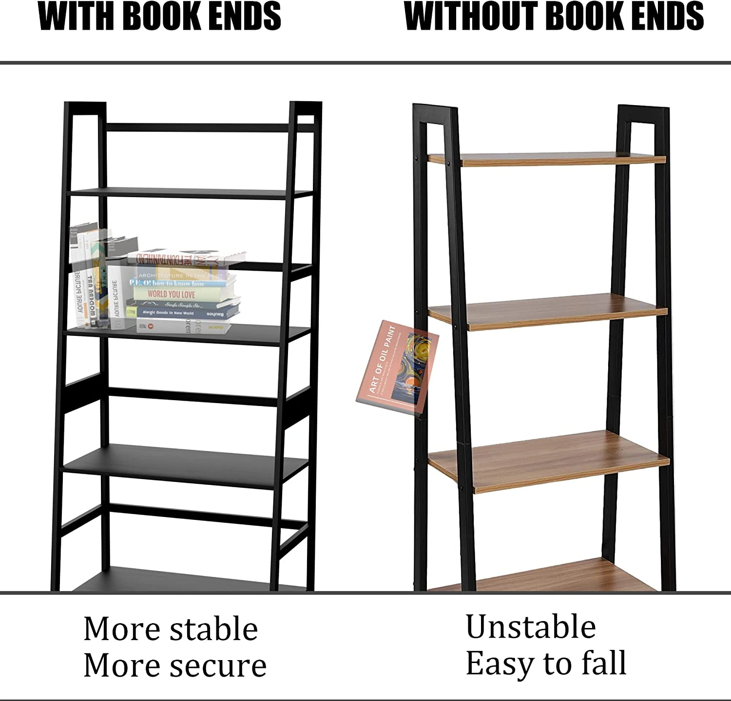 WTZ 4-Tier Ladder Bookshelf, Tall Black Bookcase with 4 Shelves for Bedroom, Living Room, Office, Model MC-801 view 3