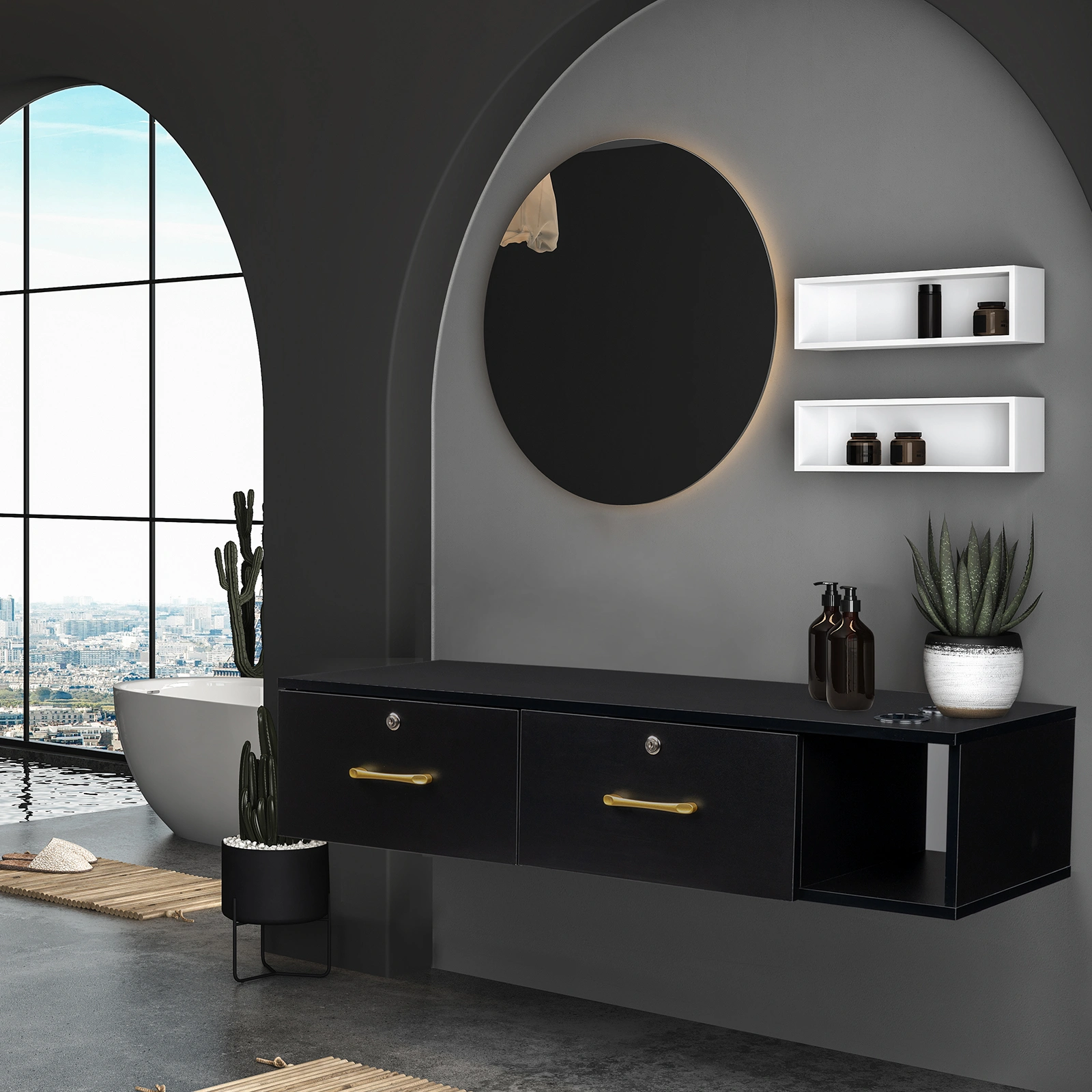 15cm E0 particleboard with hemp surface, two draws and three holes with lock, salon cabinet, black view 13