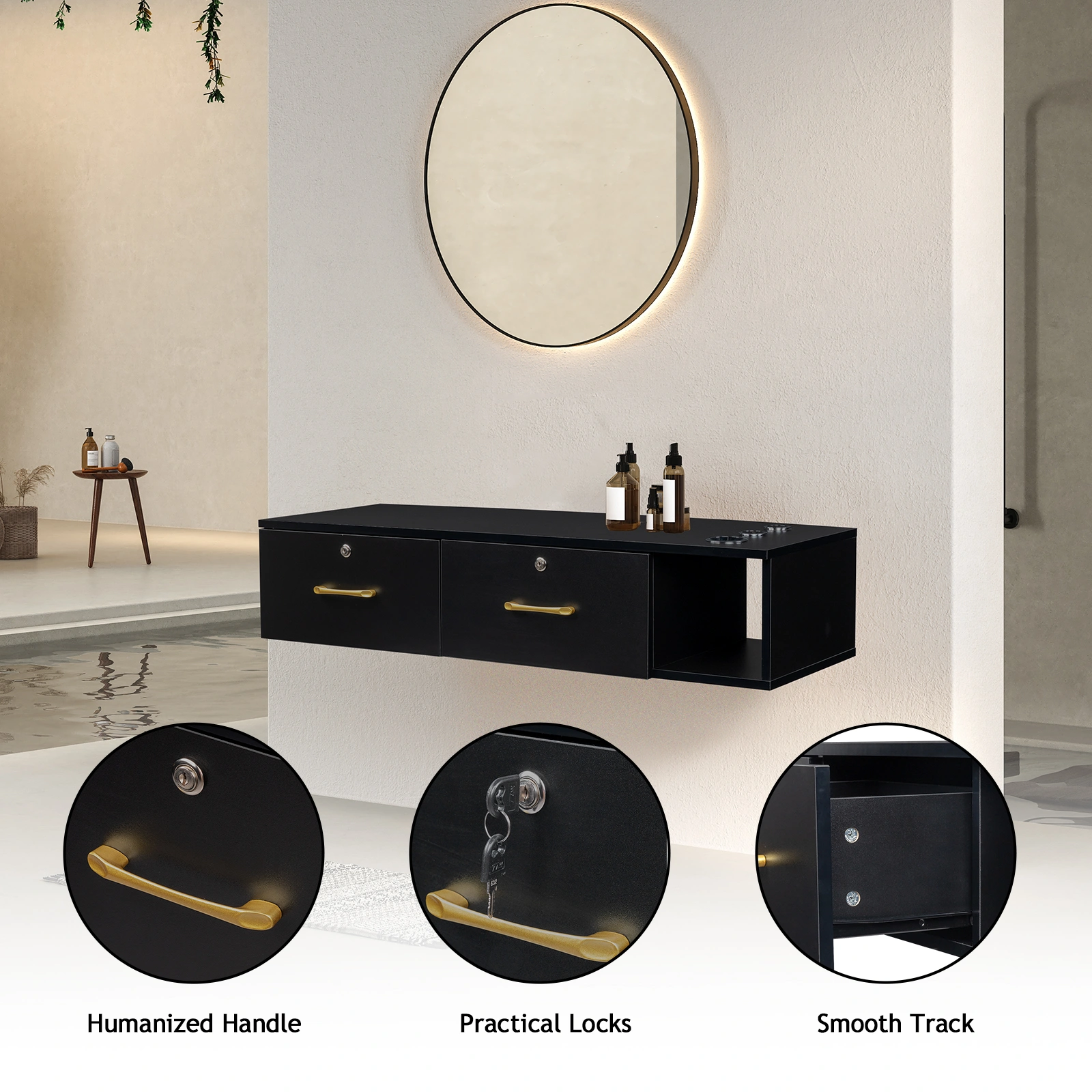 15cm E0 particleboard with hemp surface, two draws and three holes with lock, salon cabinet, black view 3