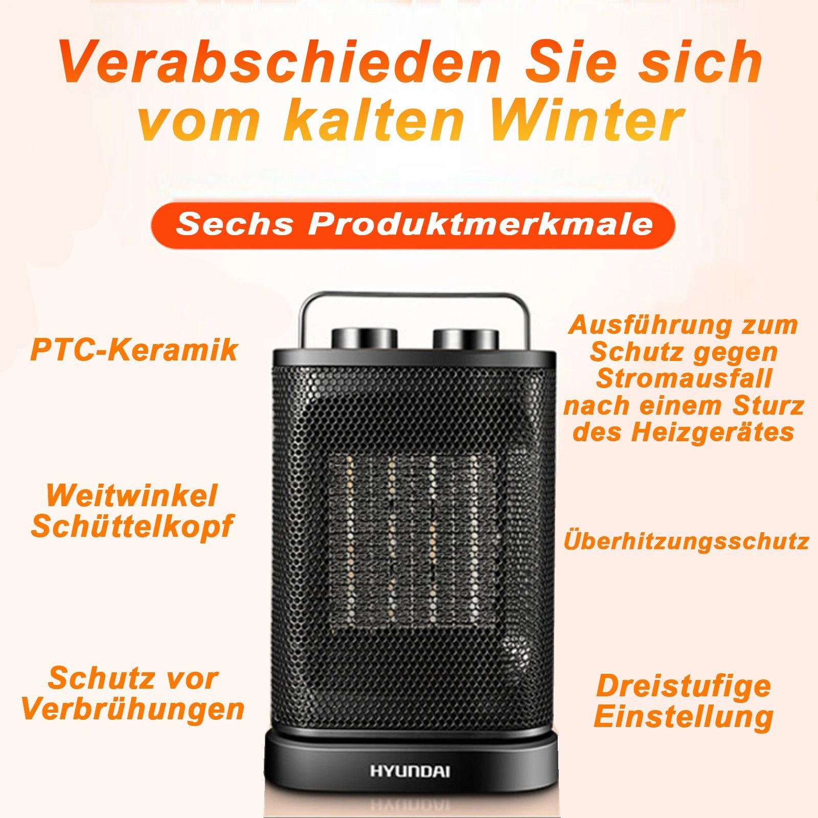 Heizlüfter Energiesparend 1500W PTC Keramikheizung, Elektrischer Luftheizung mit 3 Leistungsstufen, Tragegriff für Wohnzimmer Schlafzimmer, Schwarz view 2