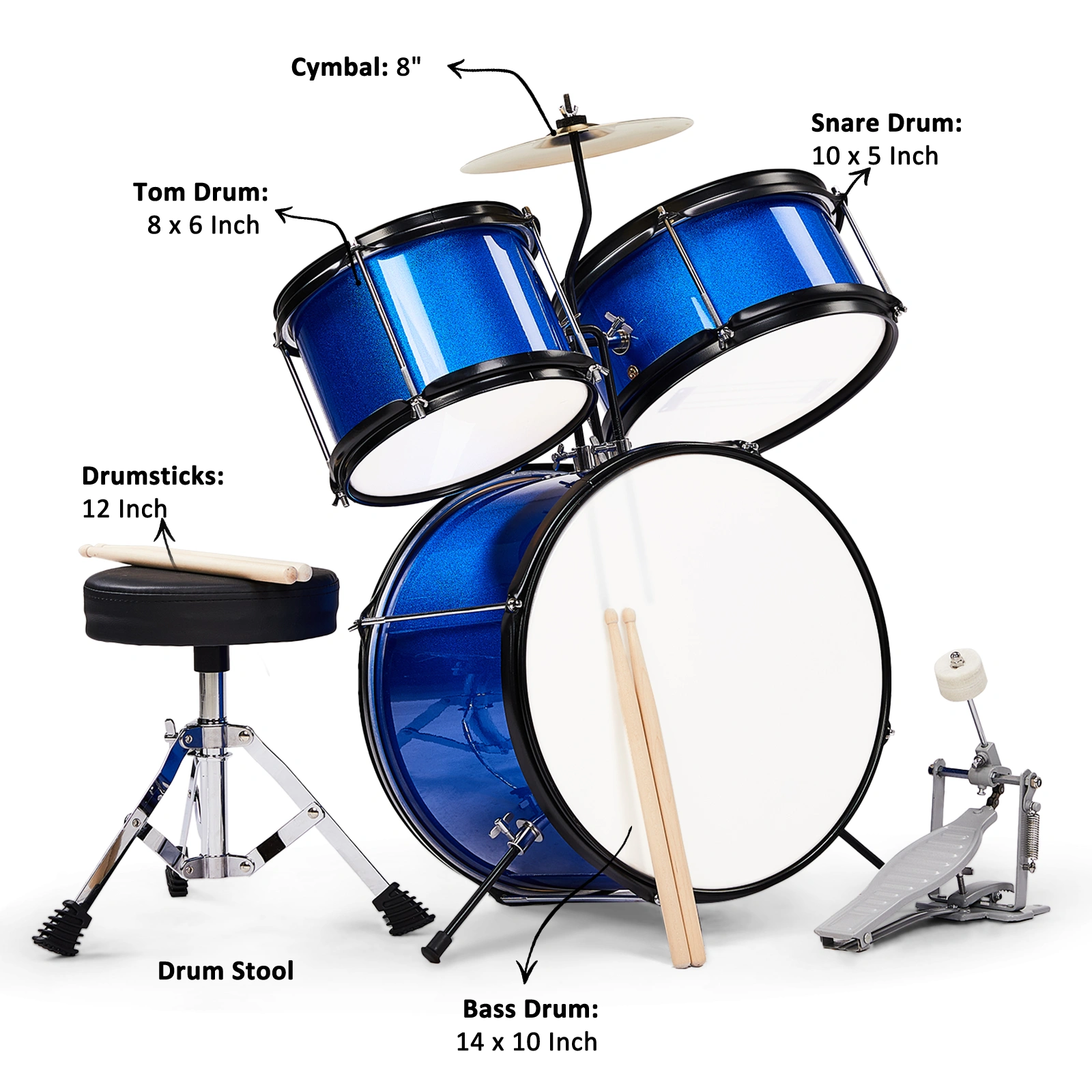14"x10" 3-Pieces Junior Kids Drum Set Kit Pedal Drum Stick Wrench Drum Stool Dark blue view 8