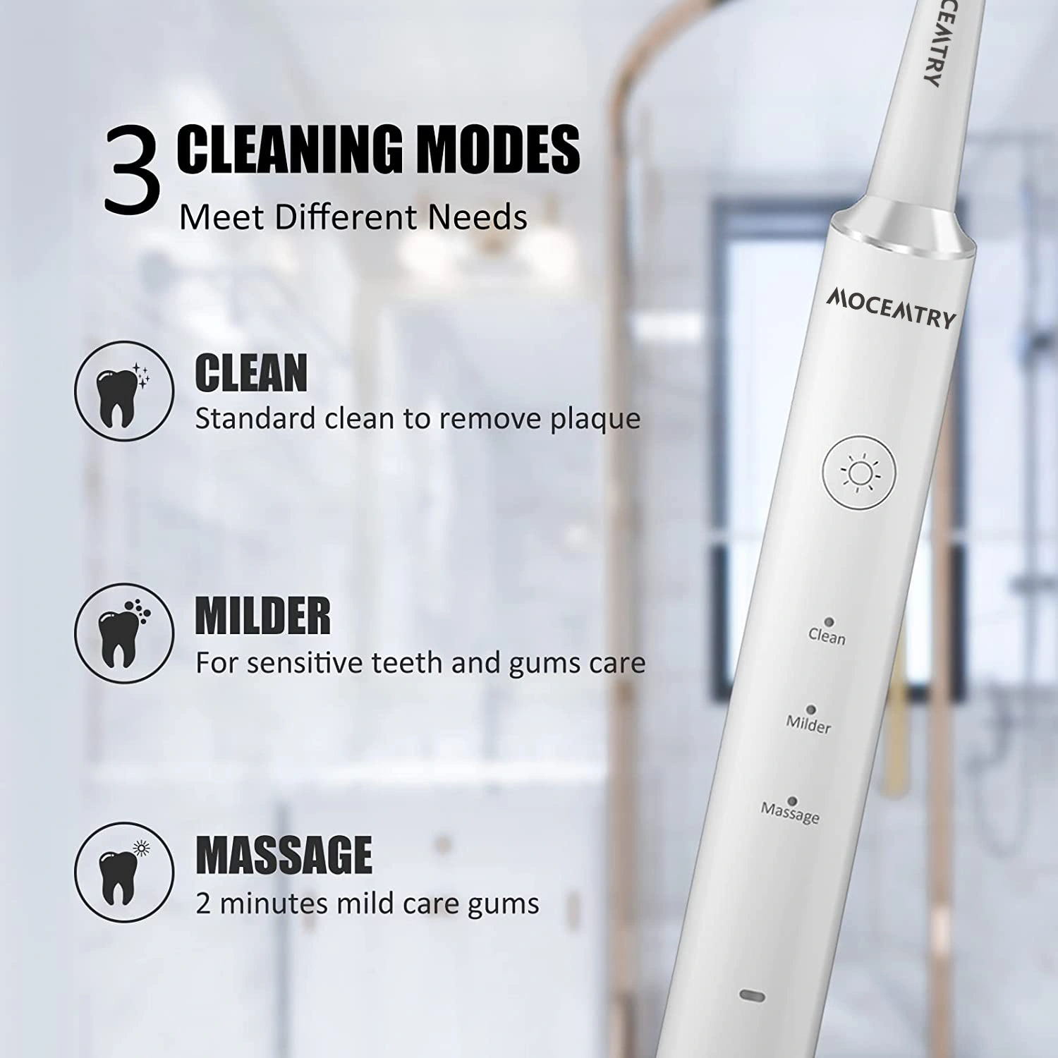 MOCEMTRY Sonic Electric Toothbrush Rechargeable, 3 Cleaning Modes, Waterproof, Whitening, White view 3