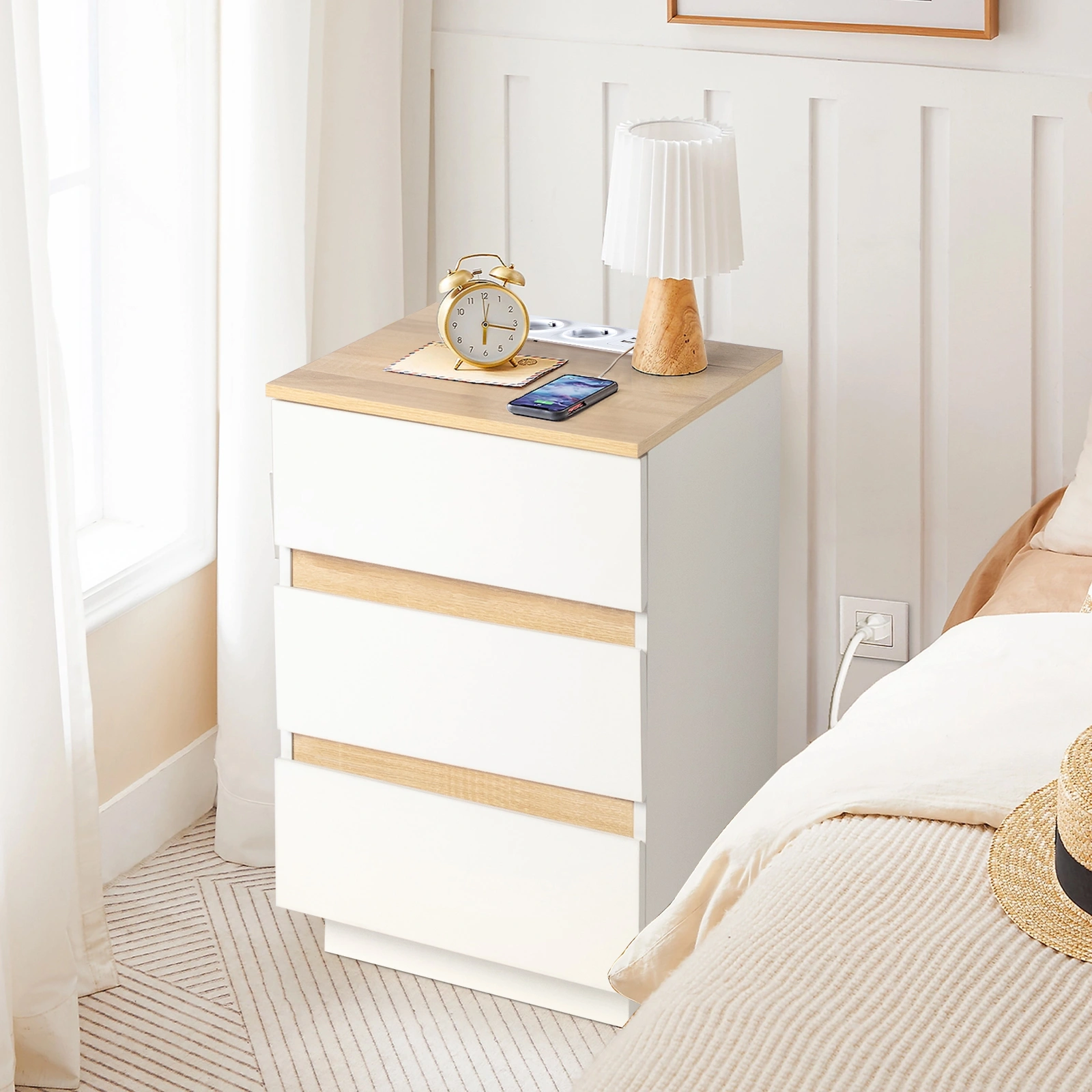 Bedside Table, 3 Drawer Nightstand, E1 Particle Board, 12MM, Embossed White & Oak, Handle-Free, European Socket, 38x32x56cm, 1pc