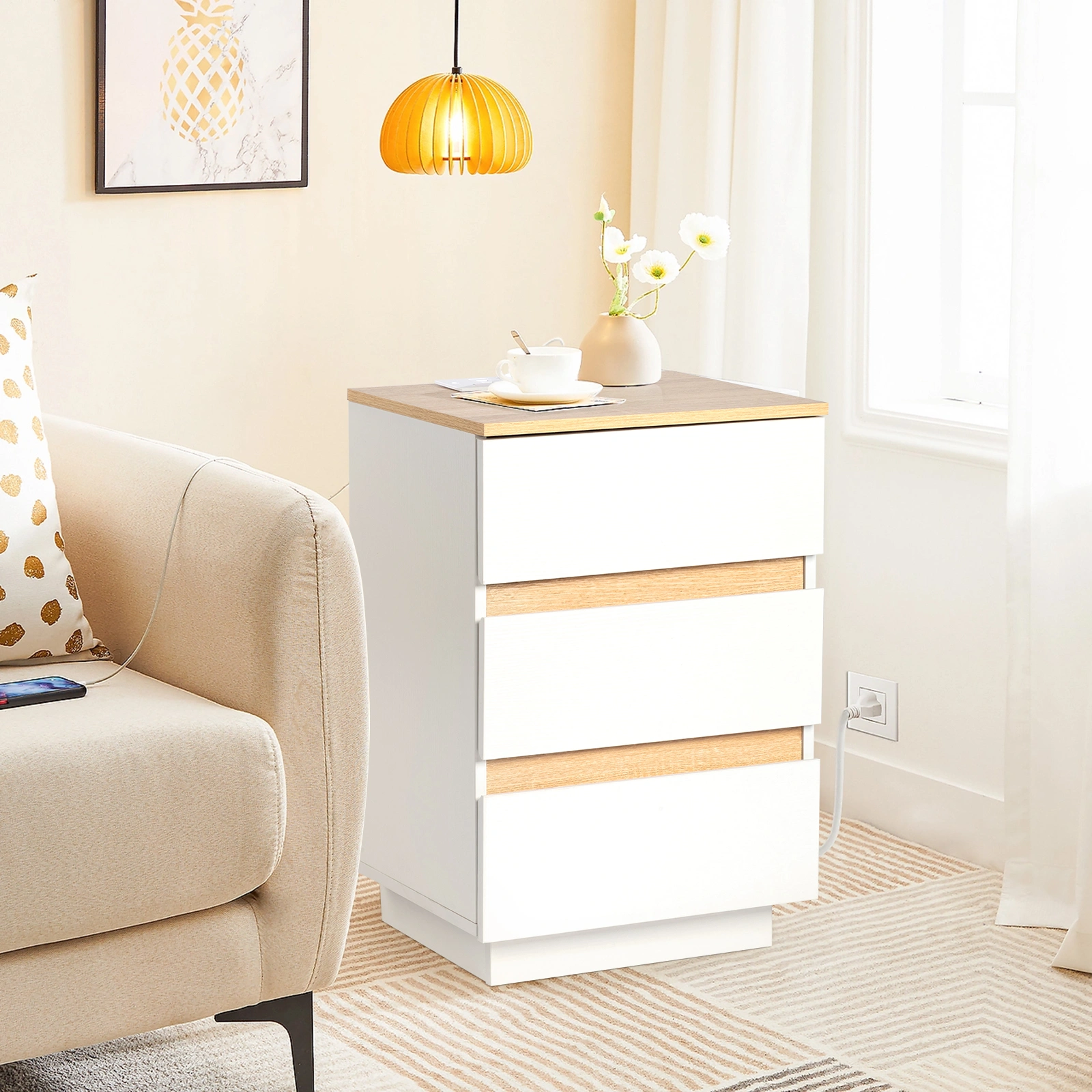 Bedside Table, 3 Drawer Nightstand, E1 Particle Board, 12MM, Embossed White & Oak, Handle-Free, European Socket, 38x32x56cm, 1pc view 2