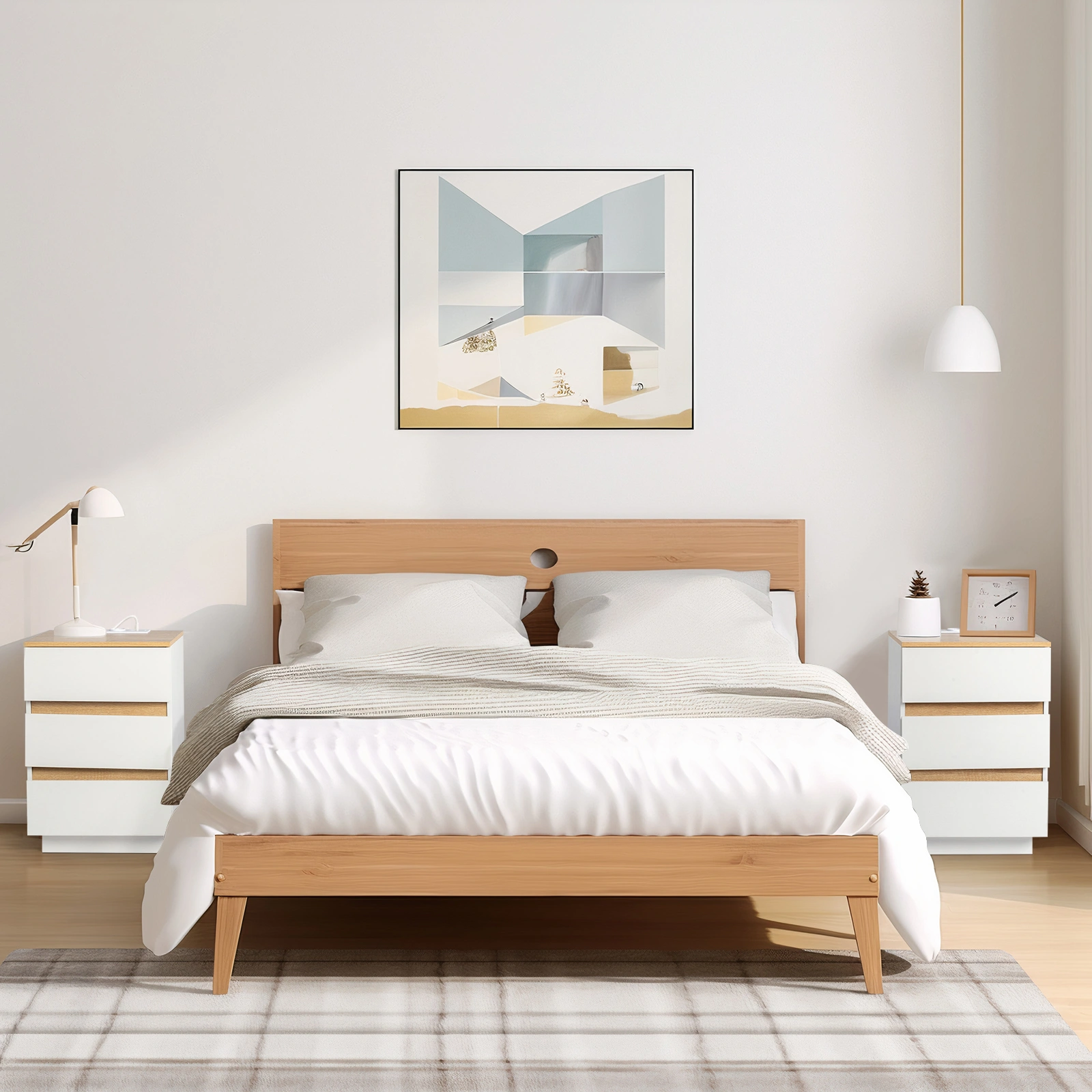 Bedside Table, 3 Drawer Nightstand, E1 Particle Board, 12MM, Embossed White & Oak, Handle-Free, European Socket, 38x32x56cm, 1pc view 3