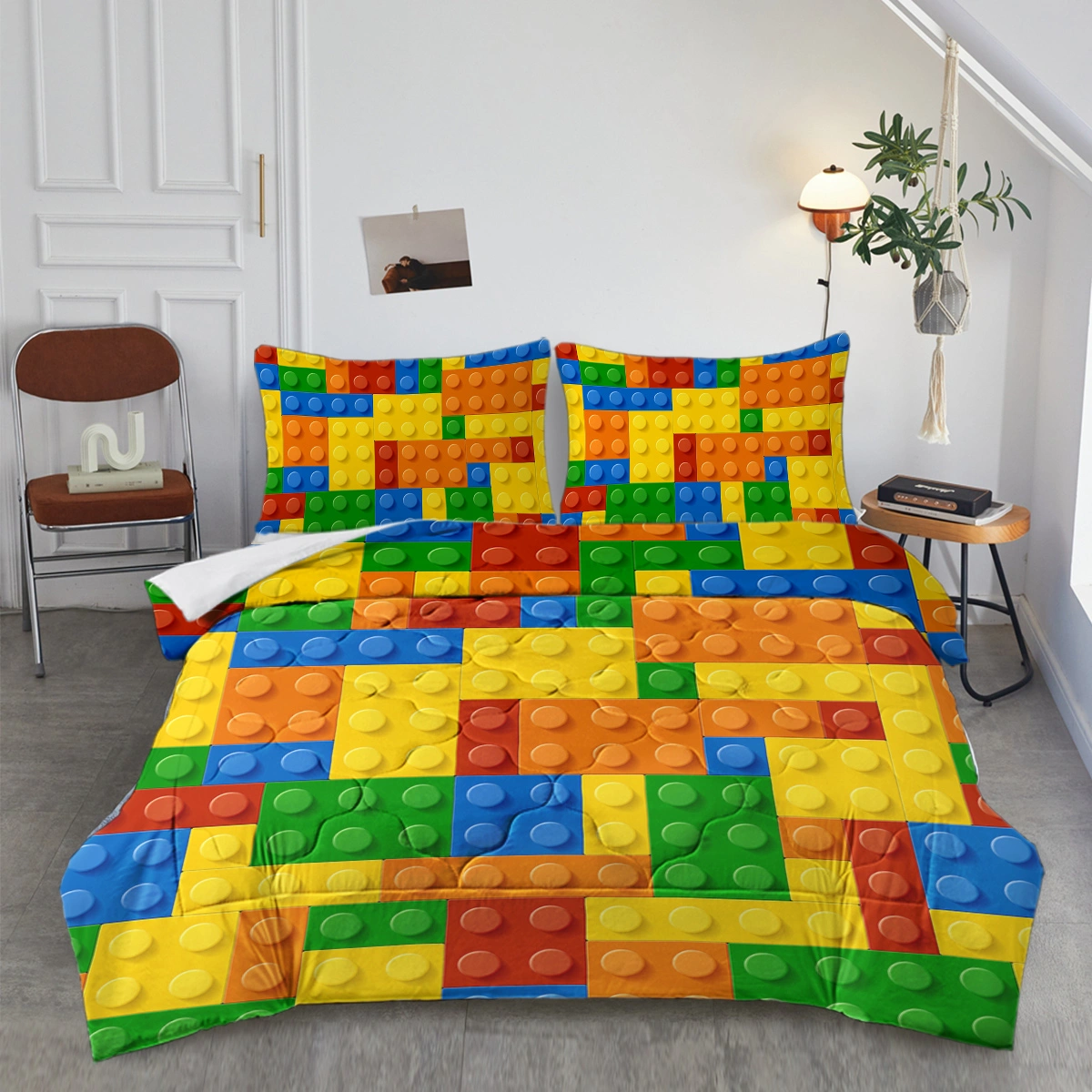 3pcs Funny Dot Building Blocks Comforter Set Colorful Bricks Thin Bedding Duvet Game Summer Quilt Set Full Size